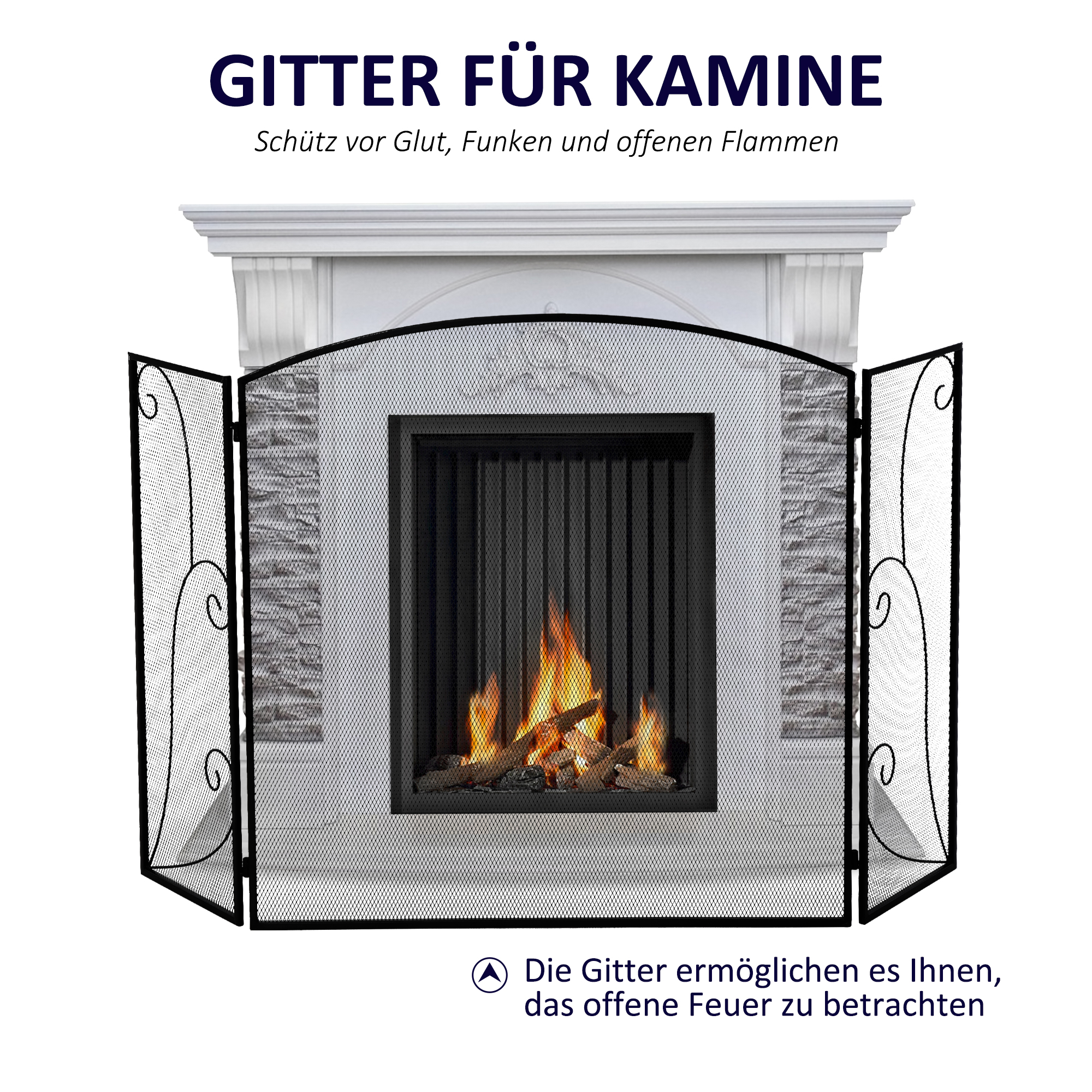 Funkenschutz für Kamine, 3 Paneele, klappbar, flexibel, Metall, schwarz, 132,5 x 76,5cm