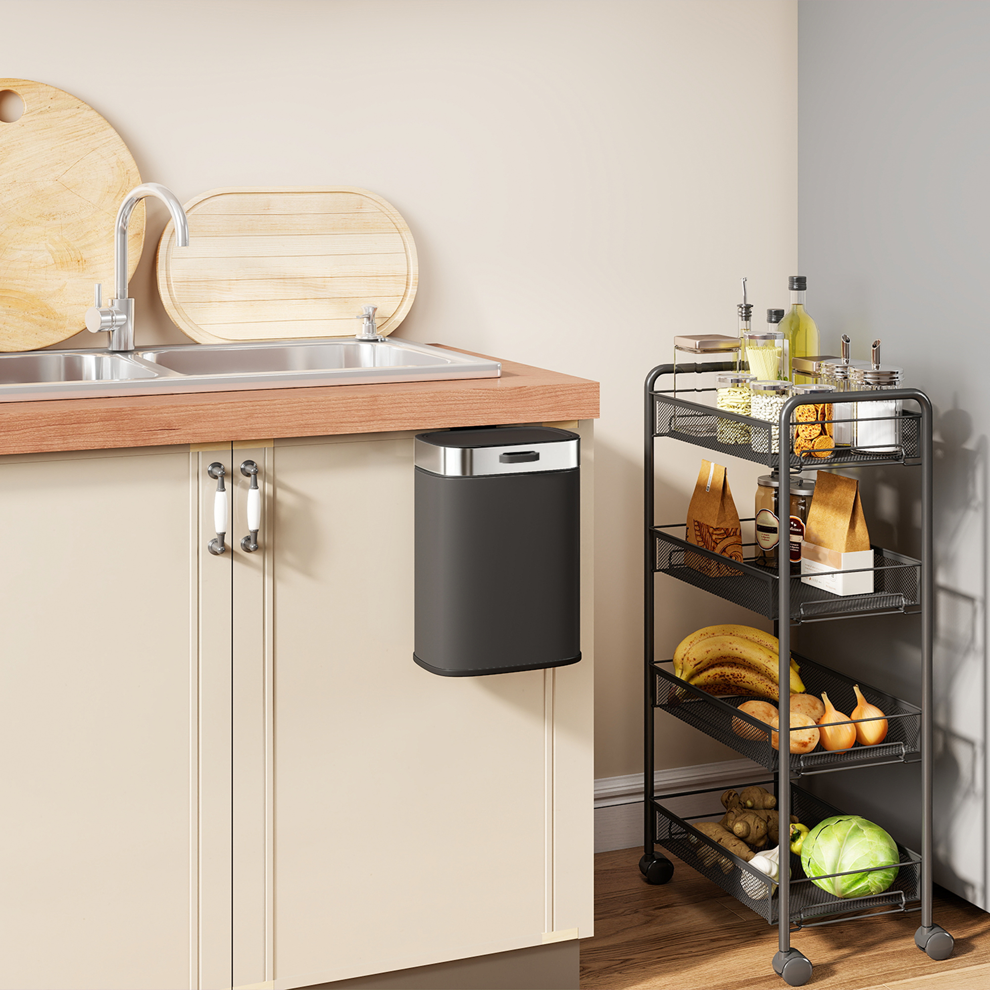 Mülleimer, Edelstahl Küchenmülleimer mit offen bleibendem Deckel, herausnehmbarer Inneneimer, 21,5x19,5x30 cm, Schwarz