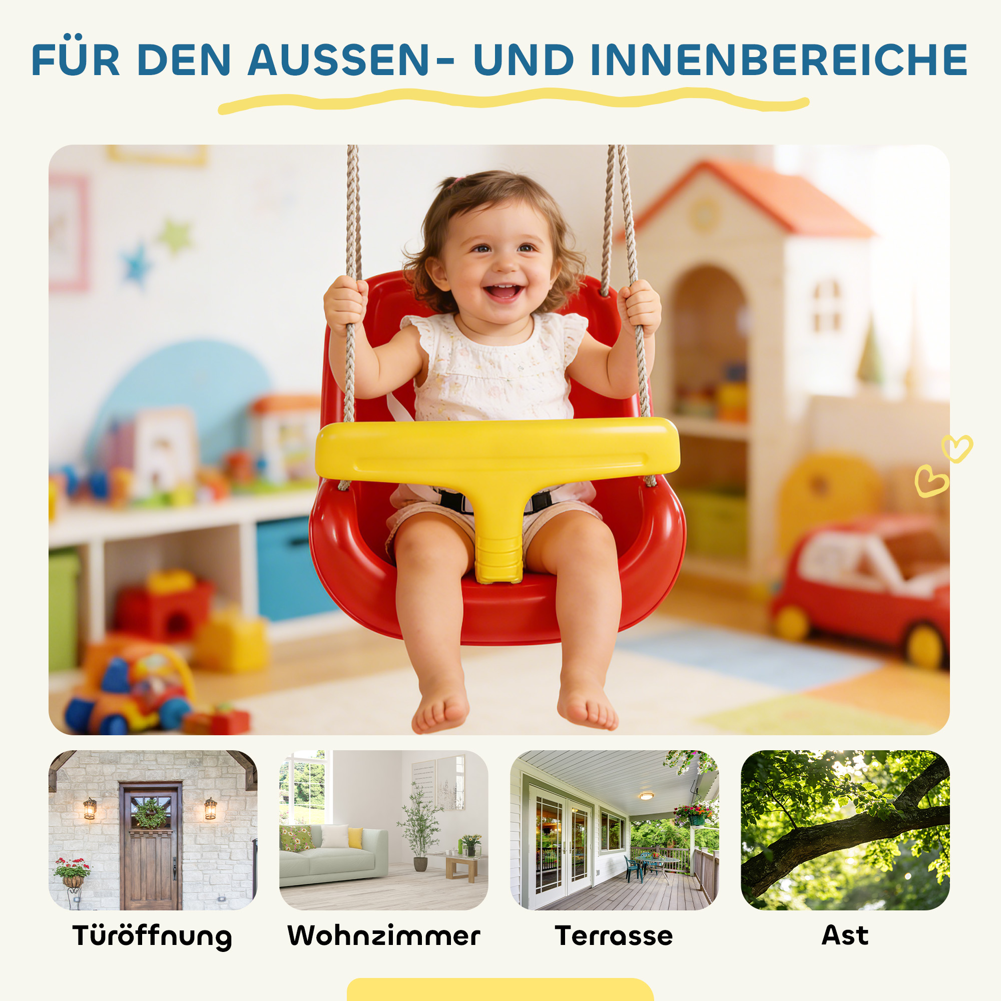 Babyschaukel verstellbar Mitwachsend Babysitz mit Rückenlehne, Sicherheitsgeländer, für Kinder von 9-36 Monaten, Rot