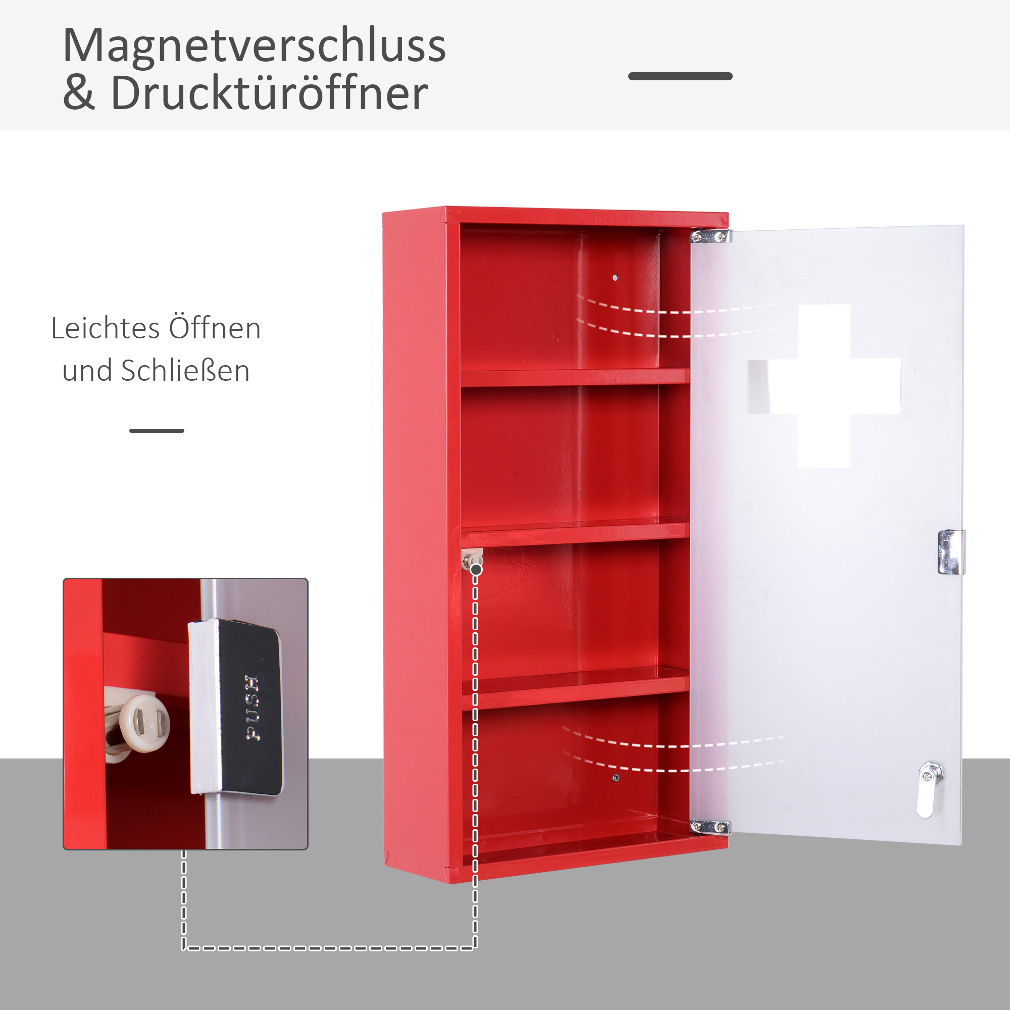 Medizinschrank aus Stahl Arzneischrank zur Medikamenten-Aufbewahrung, Abschließbar Apothekerschrank mit 4 Fächer, Glastür, 60 x 30 x 12 cm, Rot