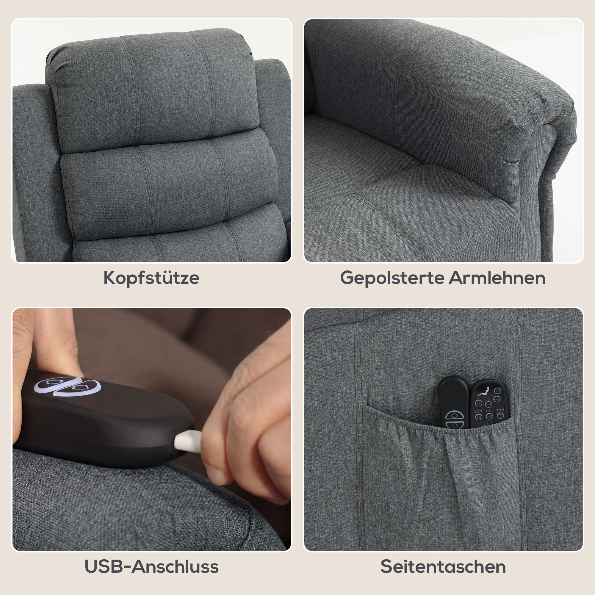 Massagesessel mit Aufstehhilfe, Relaxsessel, Vibrationsköpfe, mit Neigefunktion, Leinenoptik, Grau