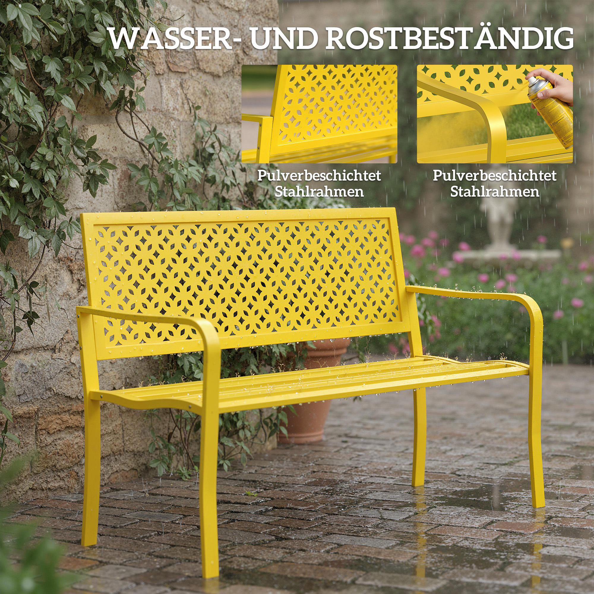 Gartenbank 2-Sitzer Metall wetterfest Outdoor Sitzbank mit rostbeständiger Rückenlehne, Geometrisch bis 240 kg