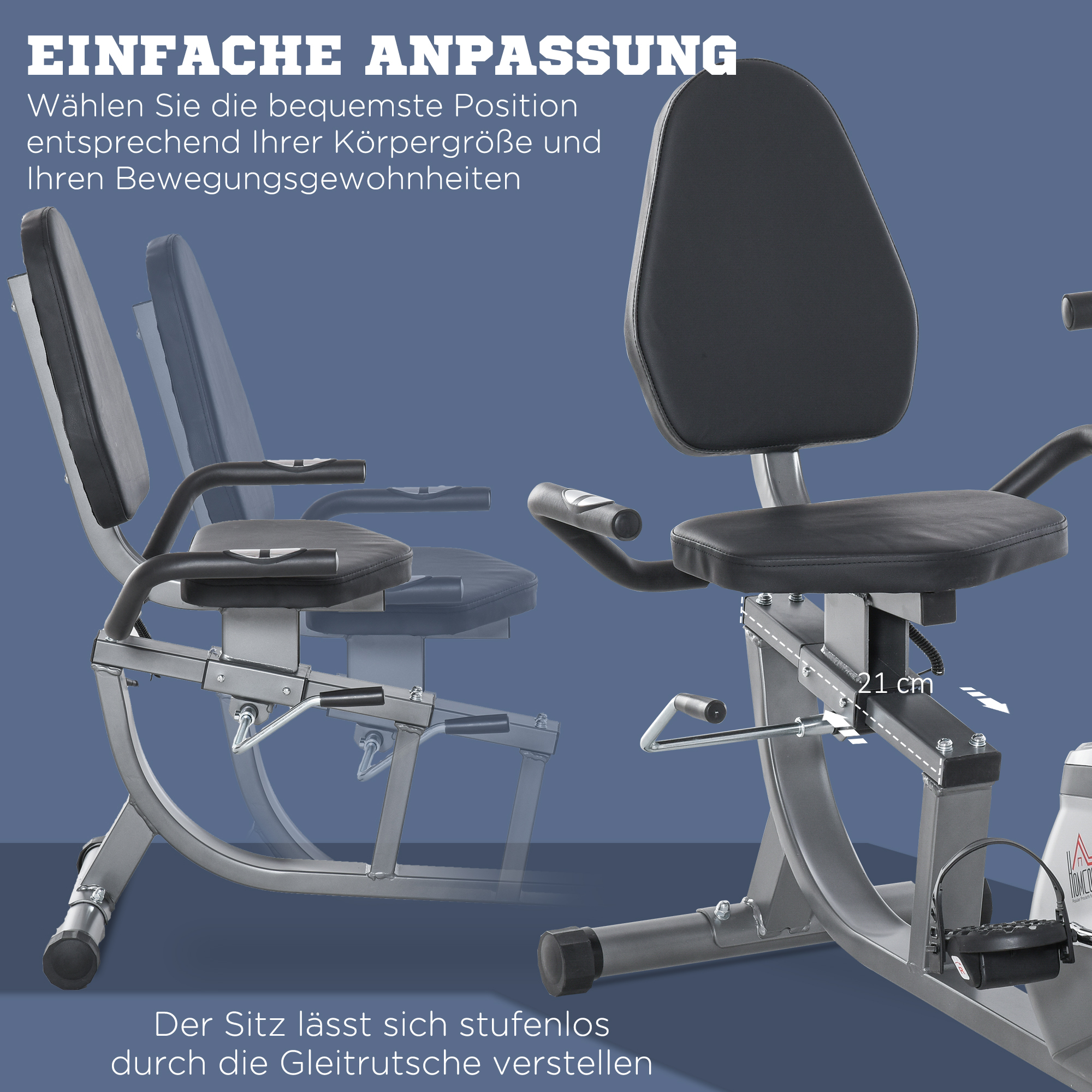 Liegeergometer mit LCD-Anzeige 8 stufig einstellbarem Magnetwiderstand Liegeheimtrainer mit Herzfrequenzsensoren, verstellbarer Rückenlehne, Nutzergewicht bis 110 kg für zu Hause Gym