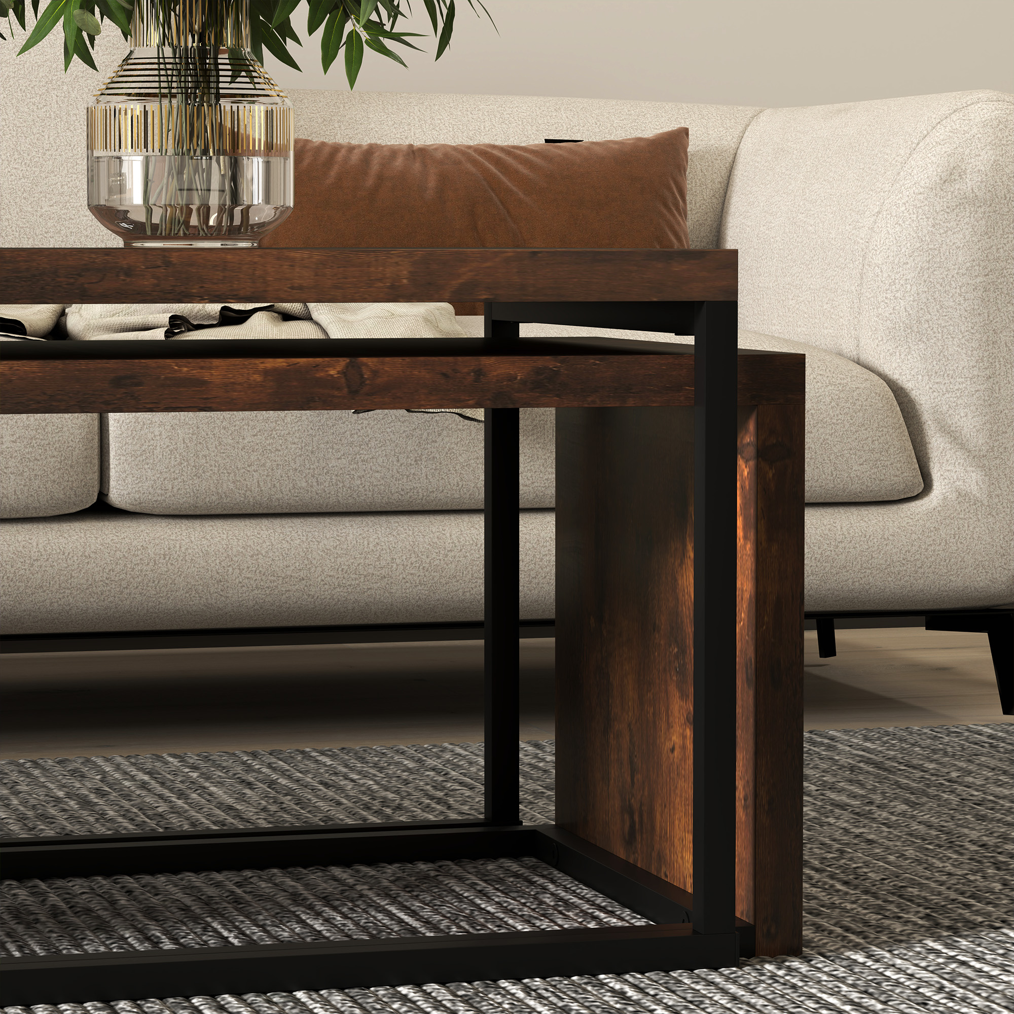 2er-Set Couchtisch, Sofatisch, Beistelltisch, Spanplatte, Metall, 90 x 48 x 42 cm/59 x 42 x 36 cm, Schwarz+Braun