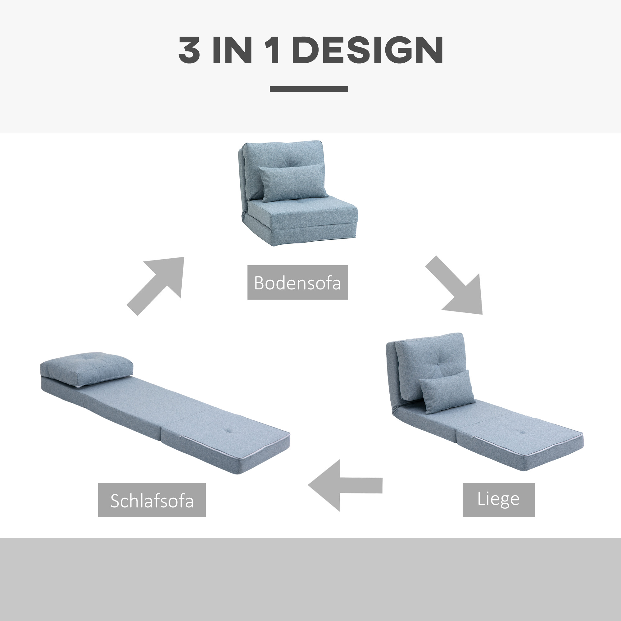 Bodensessel Klappmatratze Schlafmatte, 2-in-1-Design, abnehmbares Kissen, 60 x 80 x 56 cm, Himmelblau