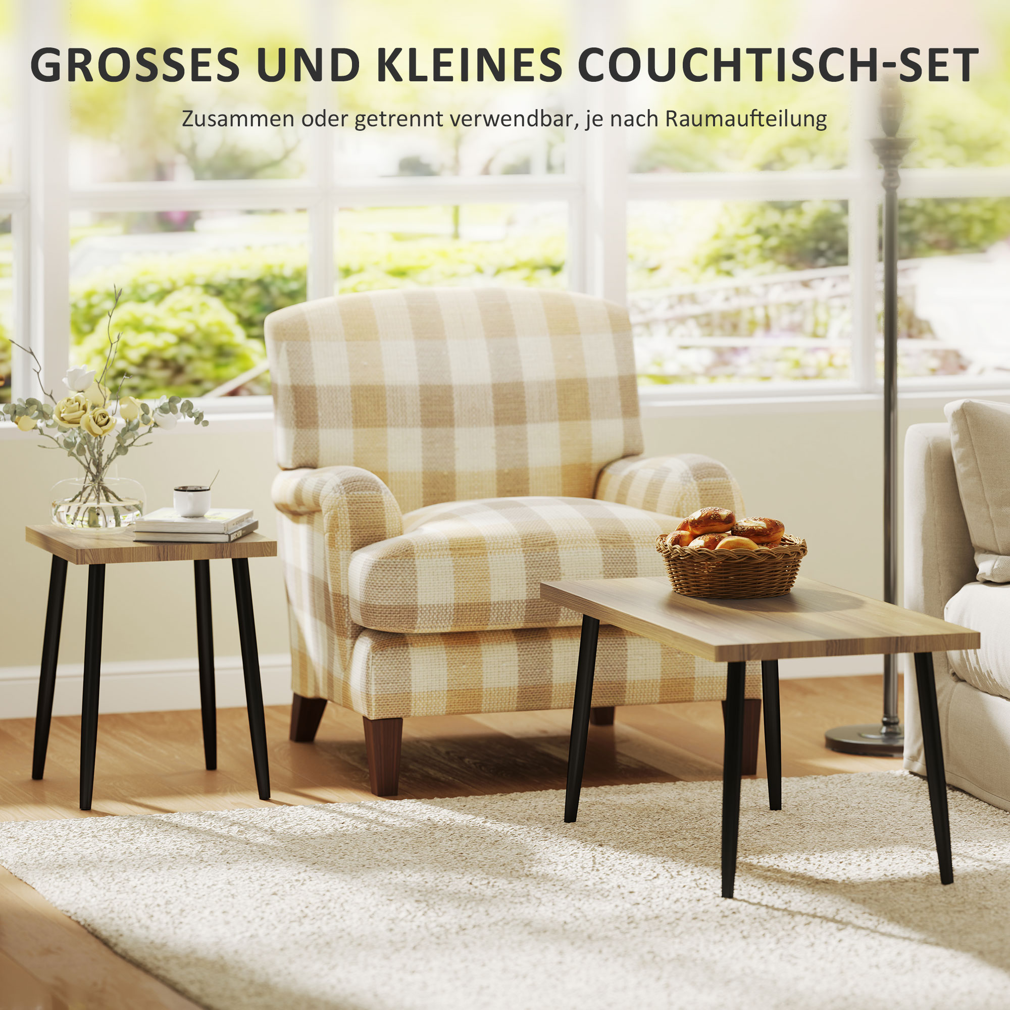 2er-Set Kaffeetische, Großer und kleiner Tisch mit Metallrahmen und Holzplatte, Flexible Couchtische, Naturholz