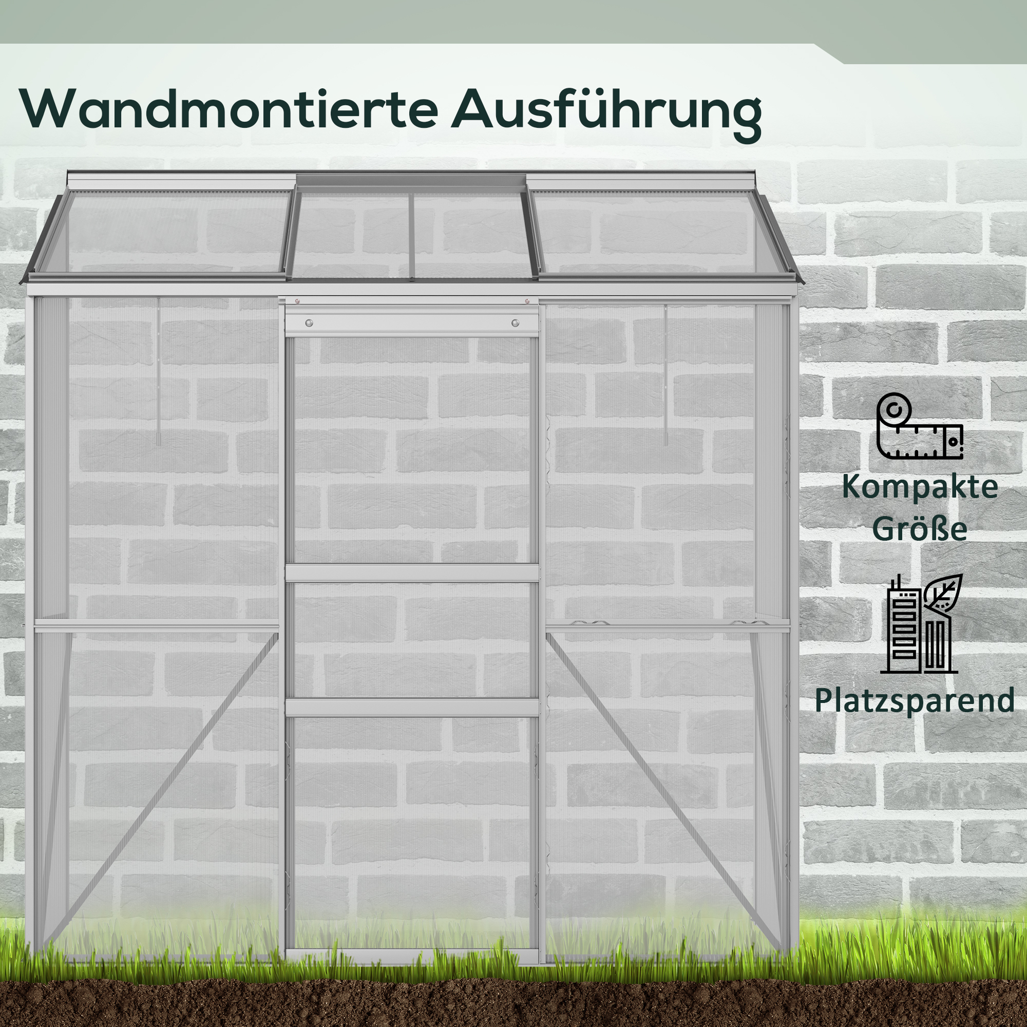Anlehngewächshaus, Schiebetür, Dachfenster, Polycarbonat+Aluminium, Farbe: Silber, 192 x 68 x 196 cm