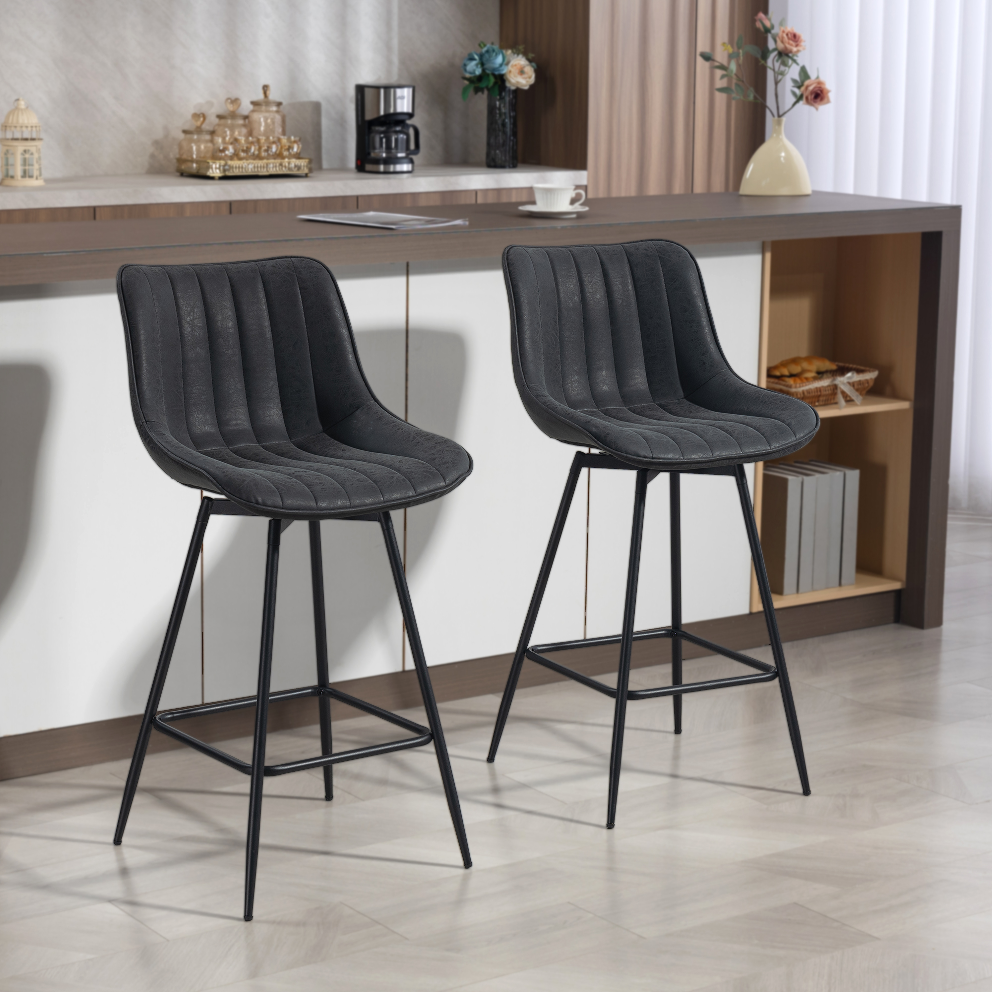 Barhocker Set aus 2, 68 cm drehbare Tresenhocker mit Rückenlehne für Kücheninsel, Esszimmer, Schwarz