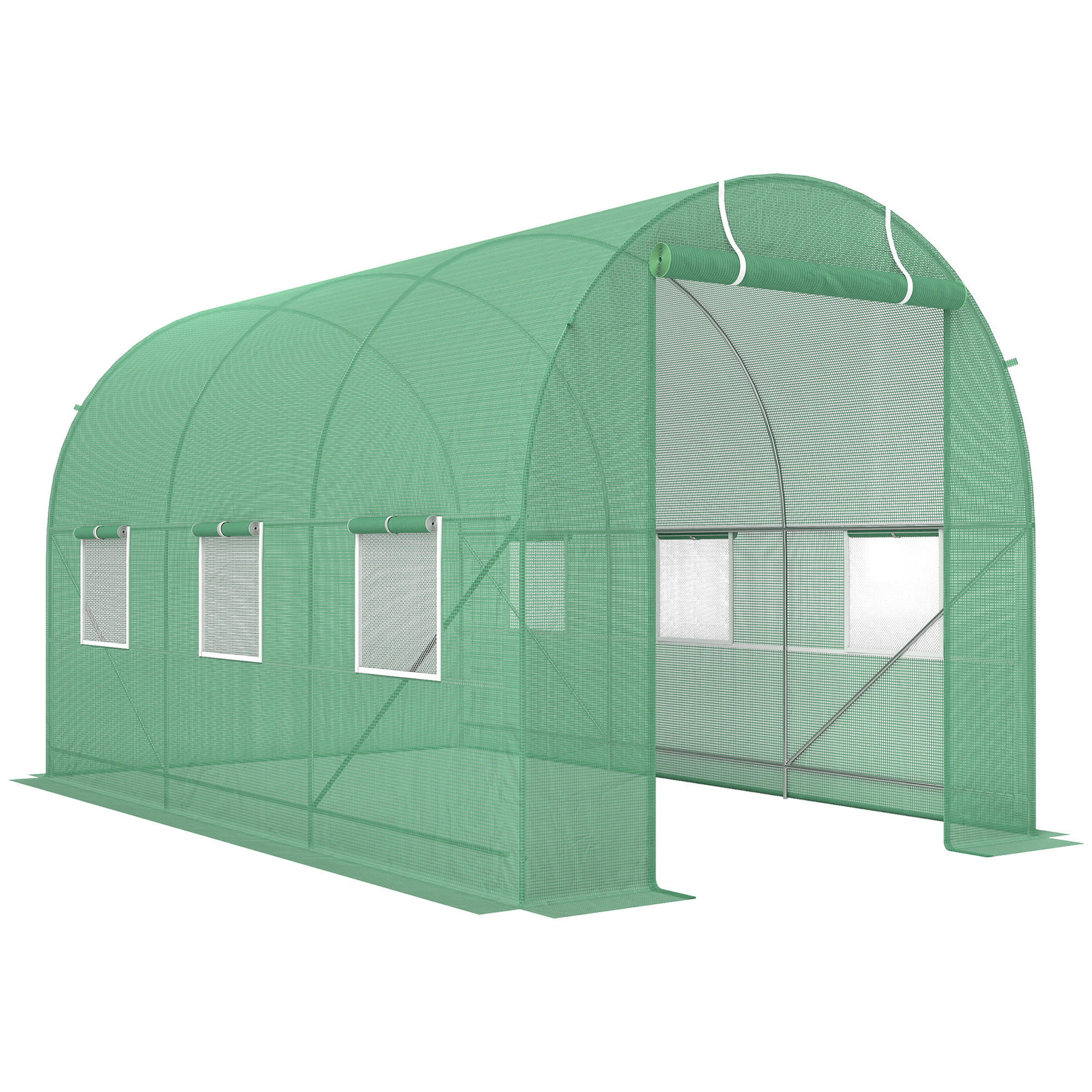 Gewächshaus 350x200x200cm Foliengewächshaus Tomatenhaus mit Tür, 6 Fenster, Folientunnel aus verzinktem Stahl, PE, stabiles Treibhaus Pflanztunnel, inkl, Erdanker & Seilen, Grün