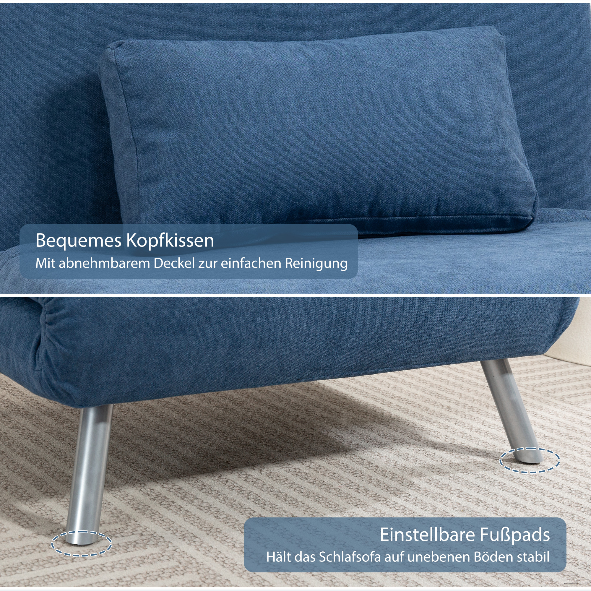 Polstersessel mit Bettfunktion, 3-in-1 Design, Schlafsessel, Gästebett, Stoffbezug, mit Kissen, Blau