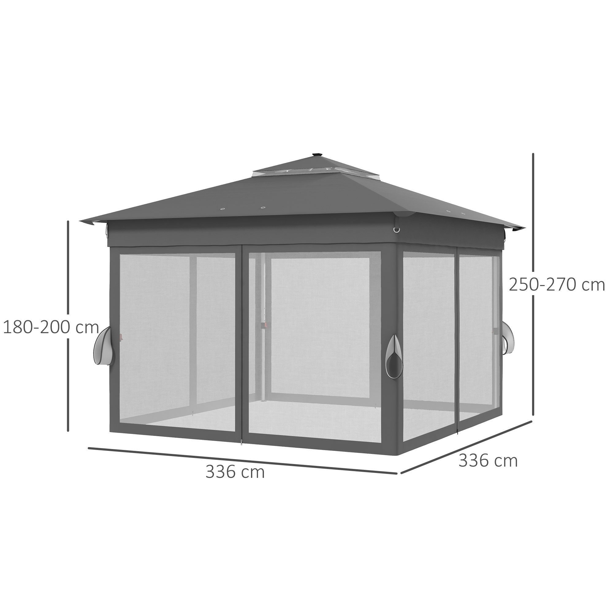 Gartenzelt mit solarbetriebenen LED´s Gartenzelt mit Beleuchtung, 336 cm x 336 cmx 270 cm, Grau