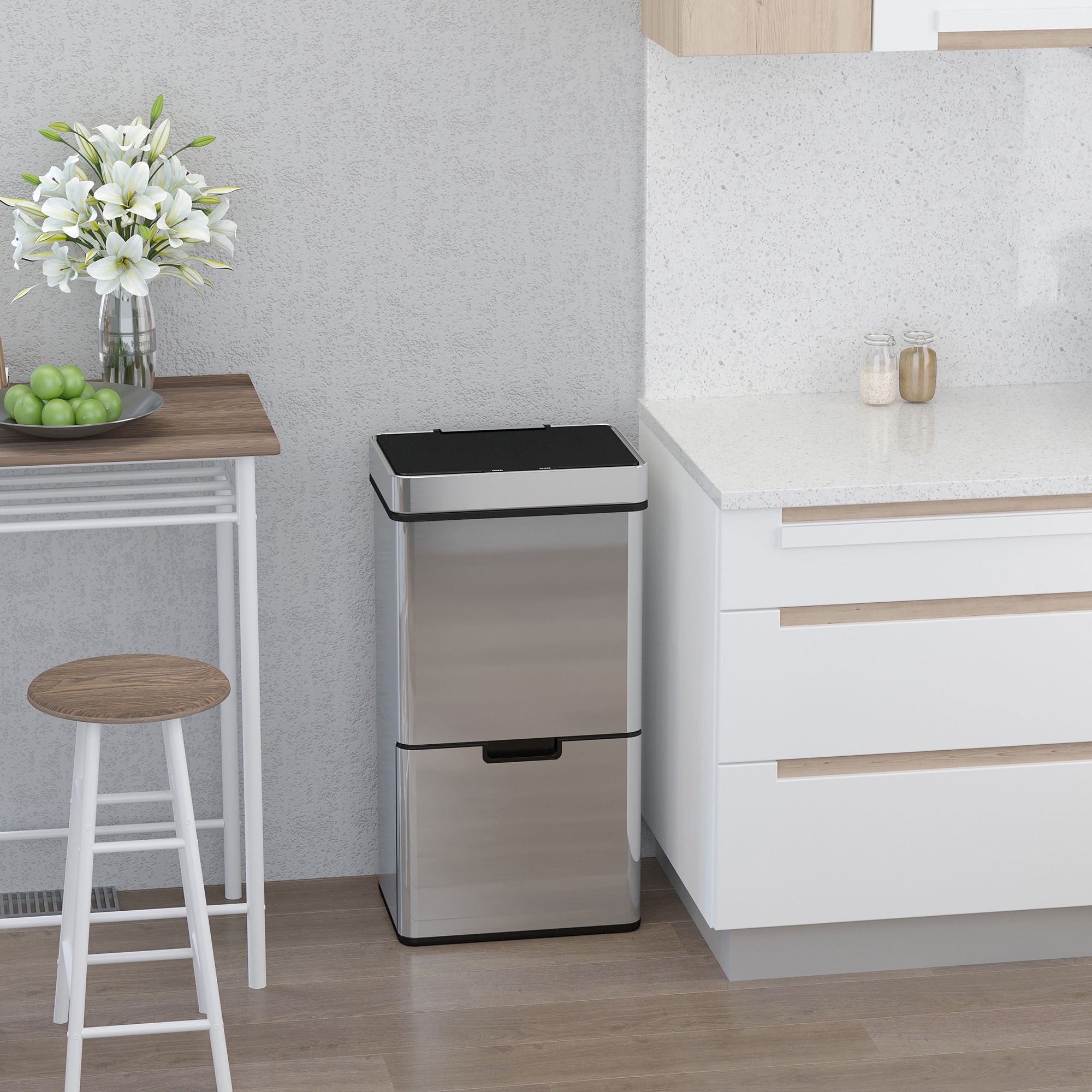Mülleimer mit Sensor 47L + 2 x 12,5L Automatischer Abfalleimer mit Bewegungssensor, Wasserdichtes Mülltrennsystem aus Edelstahl für Küche Silber