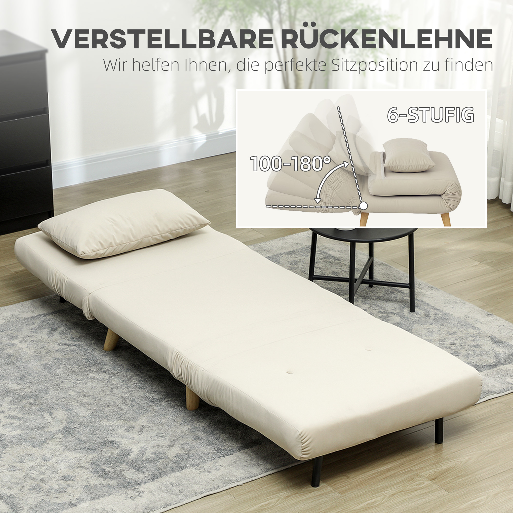 Klappsessel mit Bettfunktion, Klappbarer Relaxsessel in Samtoptik, Verstellbare Lehne, bis 120 kg belastbar, Beige