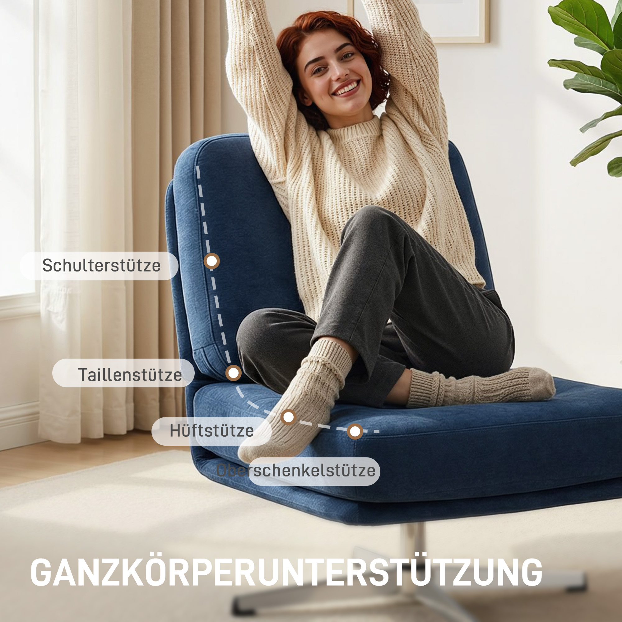 Drehbarer Akzentstuhl, gepolsterter Lesesessel mit Chenille, breitem Sitz, Federkissen und Metallbeinen, Dunkelblau