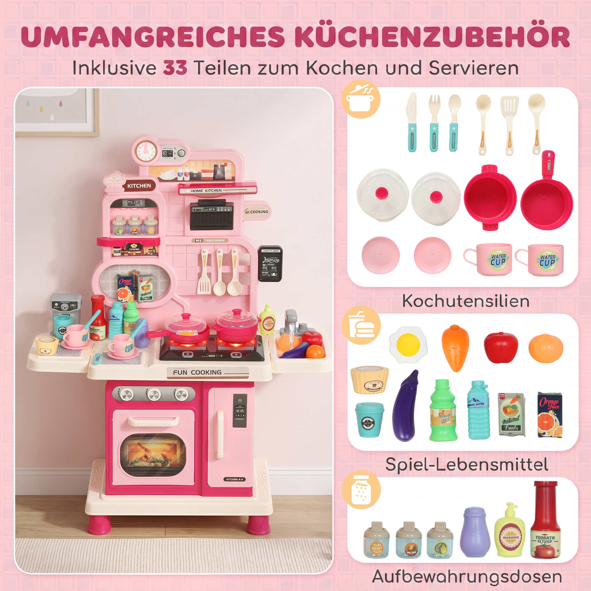 Kinderküche Kinder 33-teilig Spielküche Zubehör mit Licht, Sound, Stauraum, Spielspüle, Herd und Backofe 3-6 Jahren