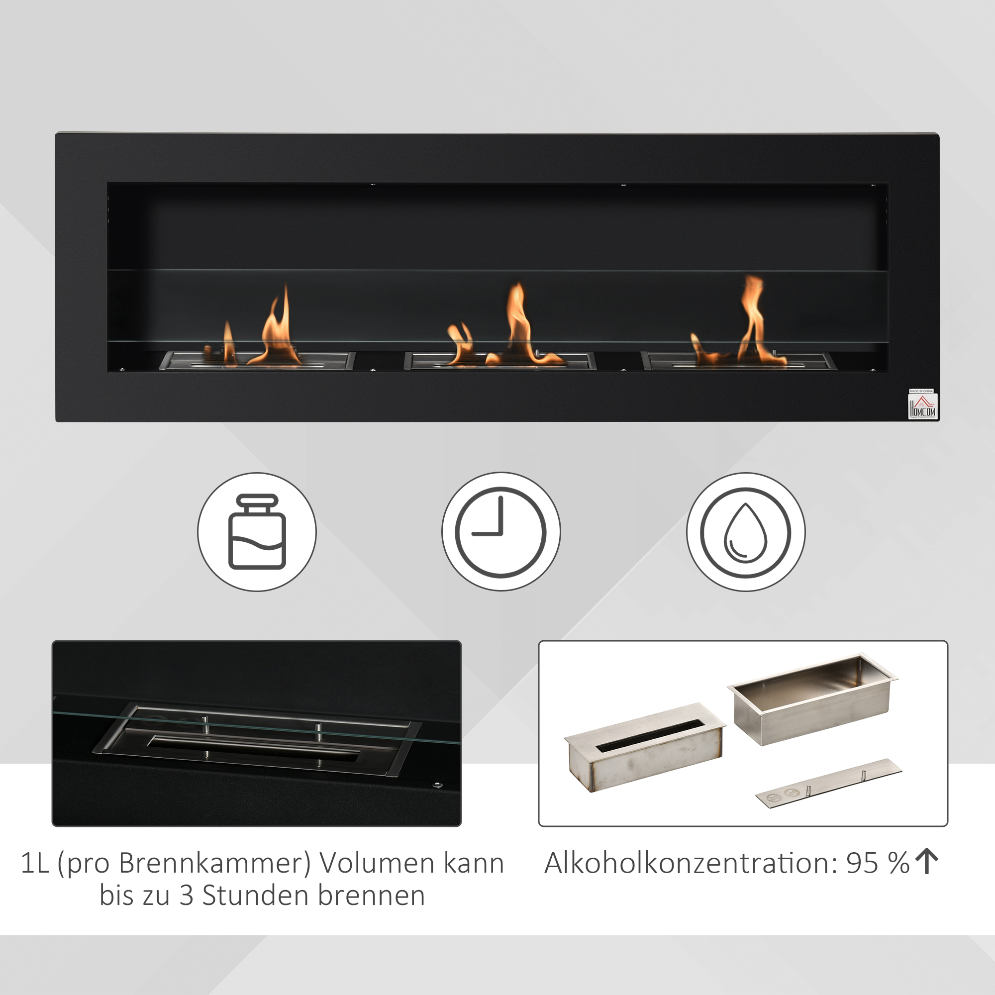Ethanol-Kamin Bio-Ethanol-Brenner 3 Brennboxen 1L 3 Std, Brenndauer 2000W kein Rauch wandmontiert Stahl gehärtetes Glas Schwarz 120 x 15 x 40 cm