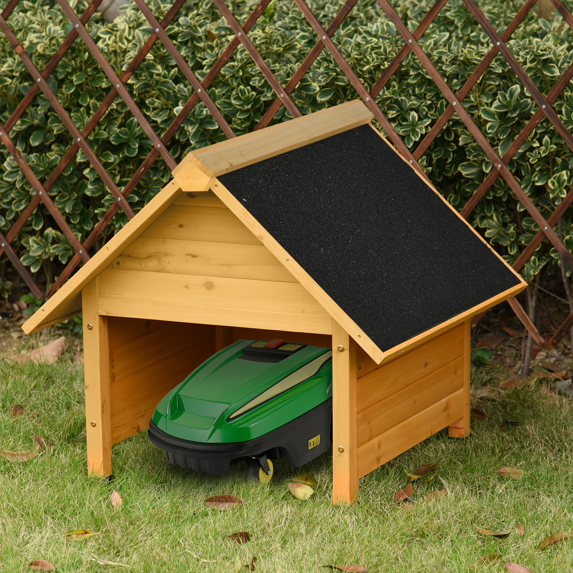 Holzgarage für Rasenmäher Roboter Mähroboter Garage Carport für Rasenroboter Sonnen- & Regenschutz Gelb 75 x 76 x 70 cm