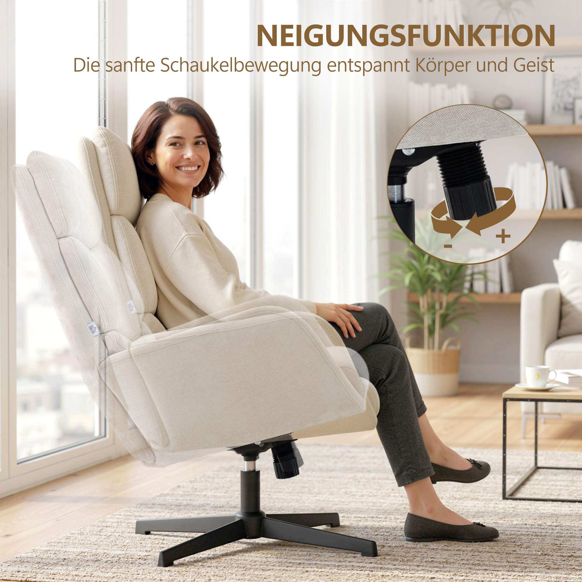 Polstersessel mit Fußhocker, Lounge-Sessel mit hoher Rückenlehne, Metallbasis, für Wohnzimmer, Schlafzimmer, Beige