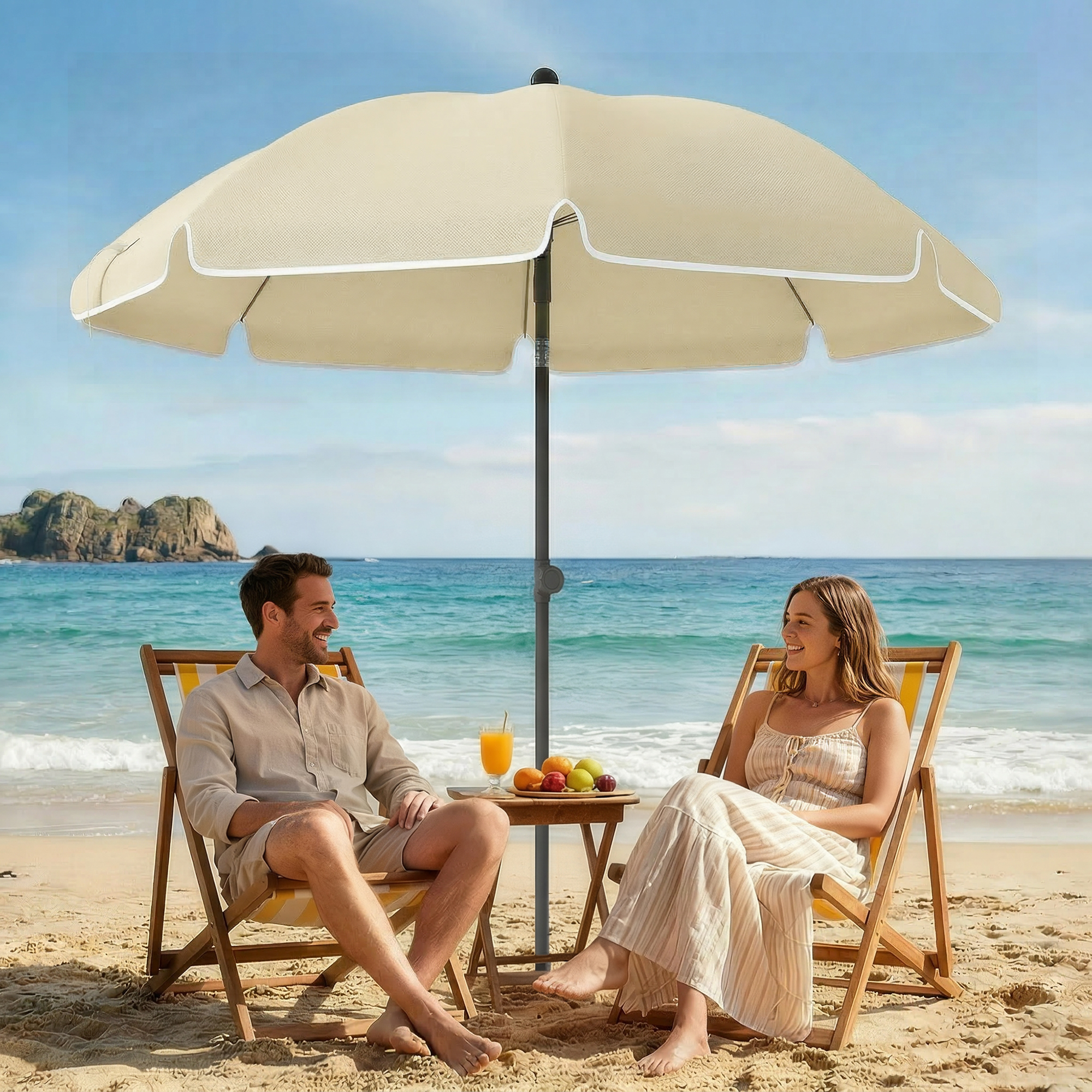 Sonnenschirm Strand Ø150 cm wasserabweisend faltbar Strandschirm mit Sandanker verstellbarer Neigung Tragetasche Beige