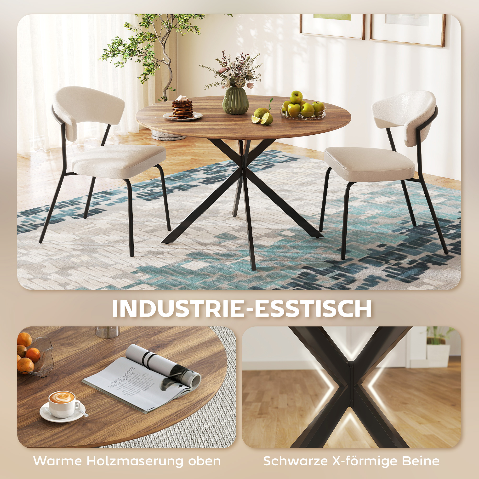 Runder Esstisch für 4 Personen, Küchentisch im Industriestil mit Stahlbeinen, für Esszimmer, Küche, Dunkelbraun