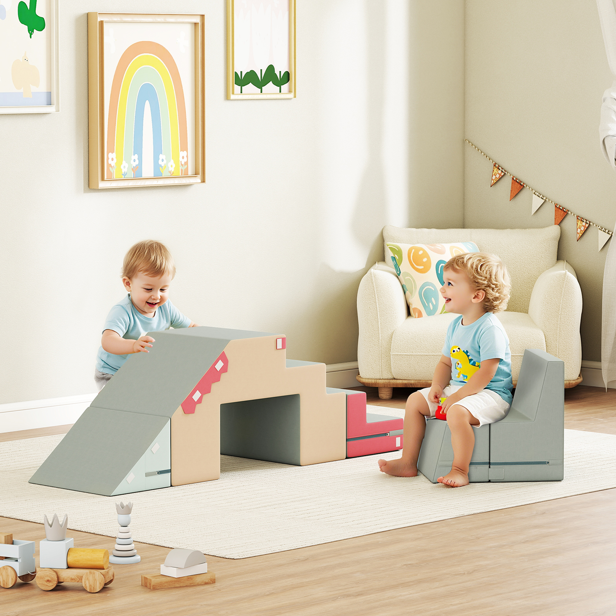 2-teiliges weiches Spielblöcke-Set für Kleinkinder, Kunstleder, Schaumstoff, zum Klettern, Bauen, Spielen, Bunt