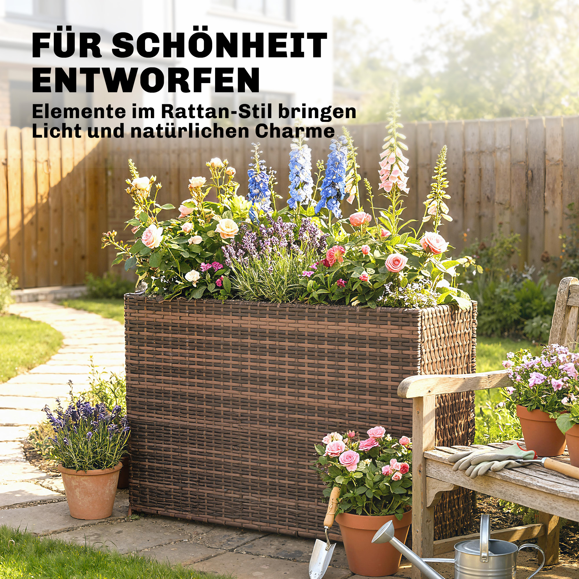 Hochbeet mit verstellbaren Füßen, Rattan Pflanzgefäß mit herausnehmbarem Einsatz für Terrasse und Balkon, Braun