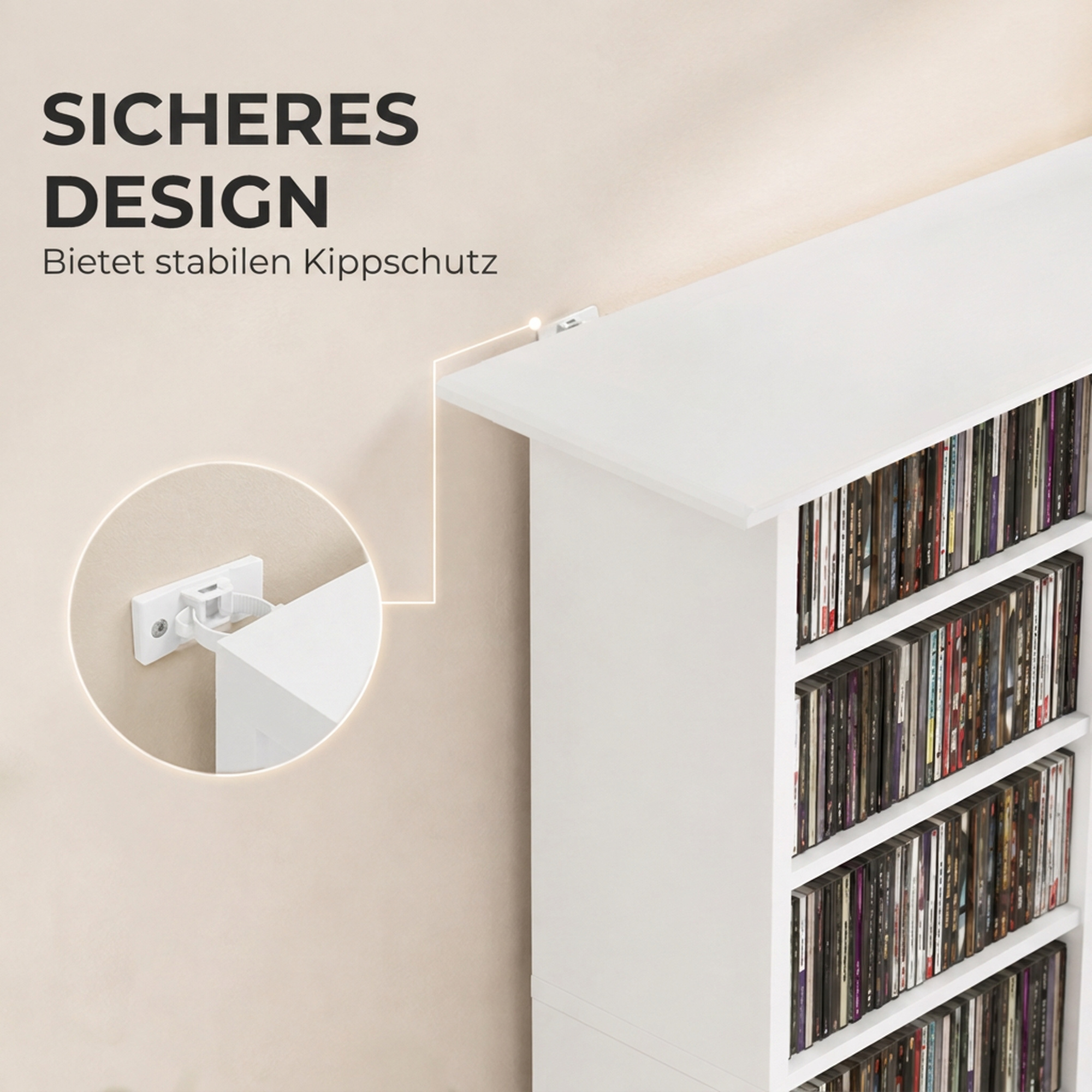 Schmaler Medienschrank, 8 Ebenen, 6 verstellbare Einlegeböden, 8 Fächer, für 360 CDs, Weiß