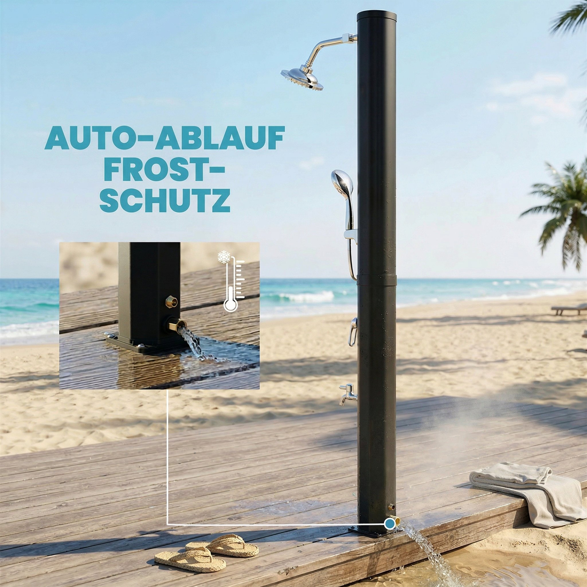 Solardusche 35L Gartendusche mit Frostschutz schwenkbarem Regenduschkopf Wasserhahn, Gartenschlauch-Anschluss