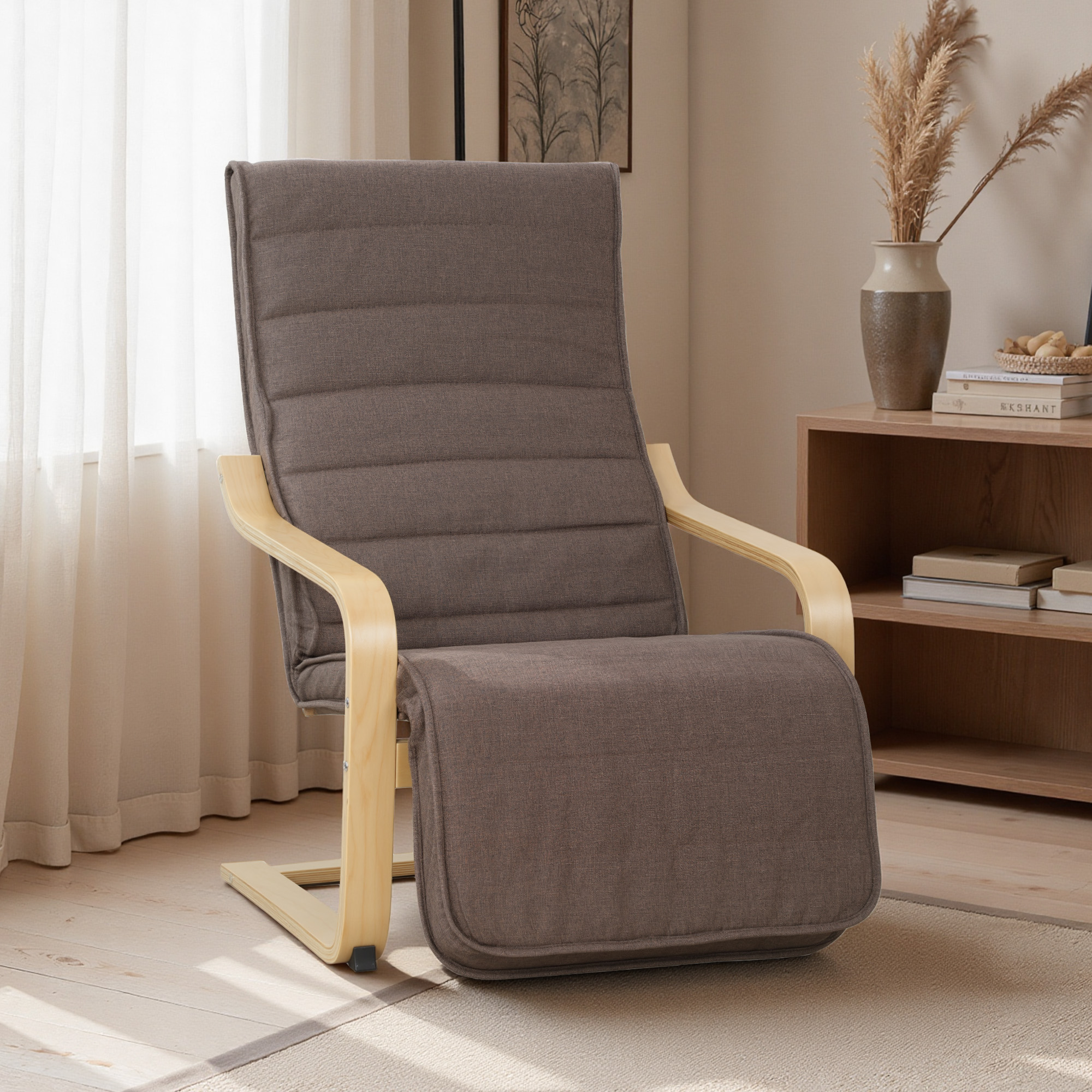 Akzentsessel, Relaxsessel mit verstellbarem Fußteil, Birkenholzrahmen, bis 120 kg, 66,5 x 94 x 100 cm, Braun