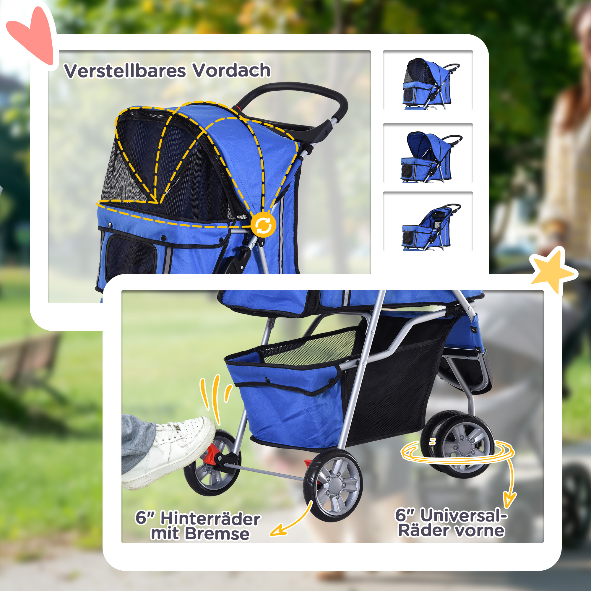 Hundewagen Hundebuggy bis 10 kg Klappbar Netzfenster Ablagekorb 2 Becherhalter Blau