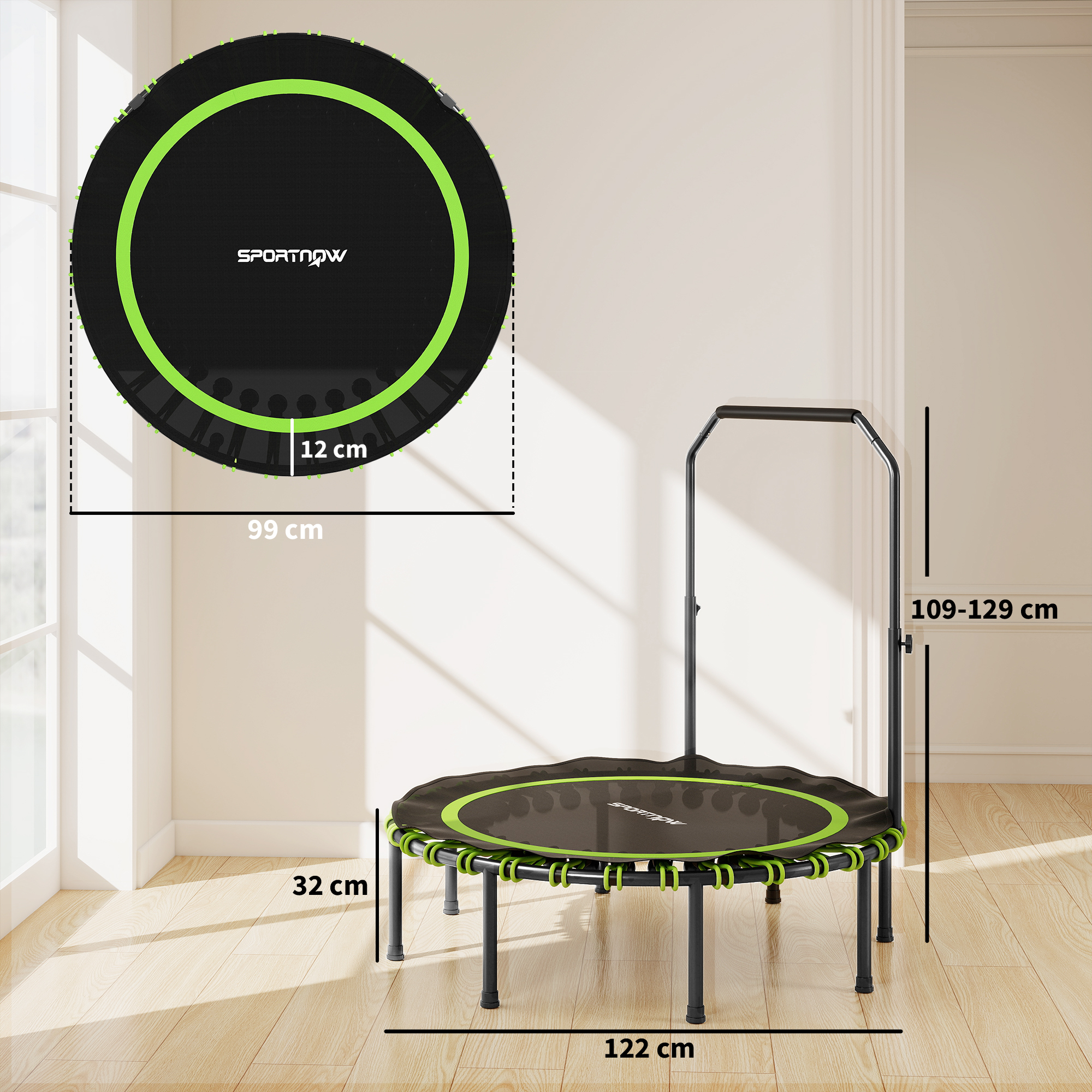 Fitness-Trampolin mit verstellbarem Handlauf, Sport-Trampolin für drinnen und draußen, Stahl, Kunststoff, Grün