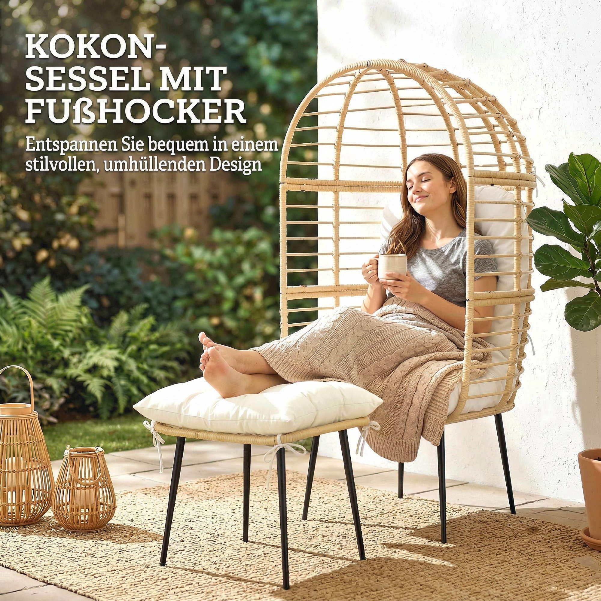 Gartensessel mit Hocker PE Rattan Ei-Form Korbsessel mit langen & dicken Kissen Metallrahmen Beige