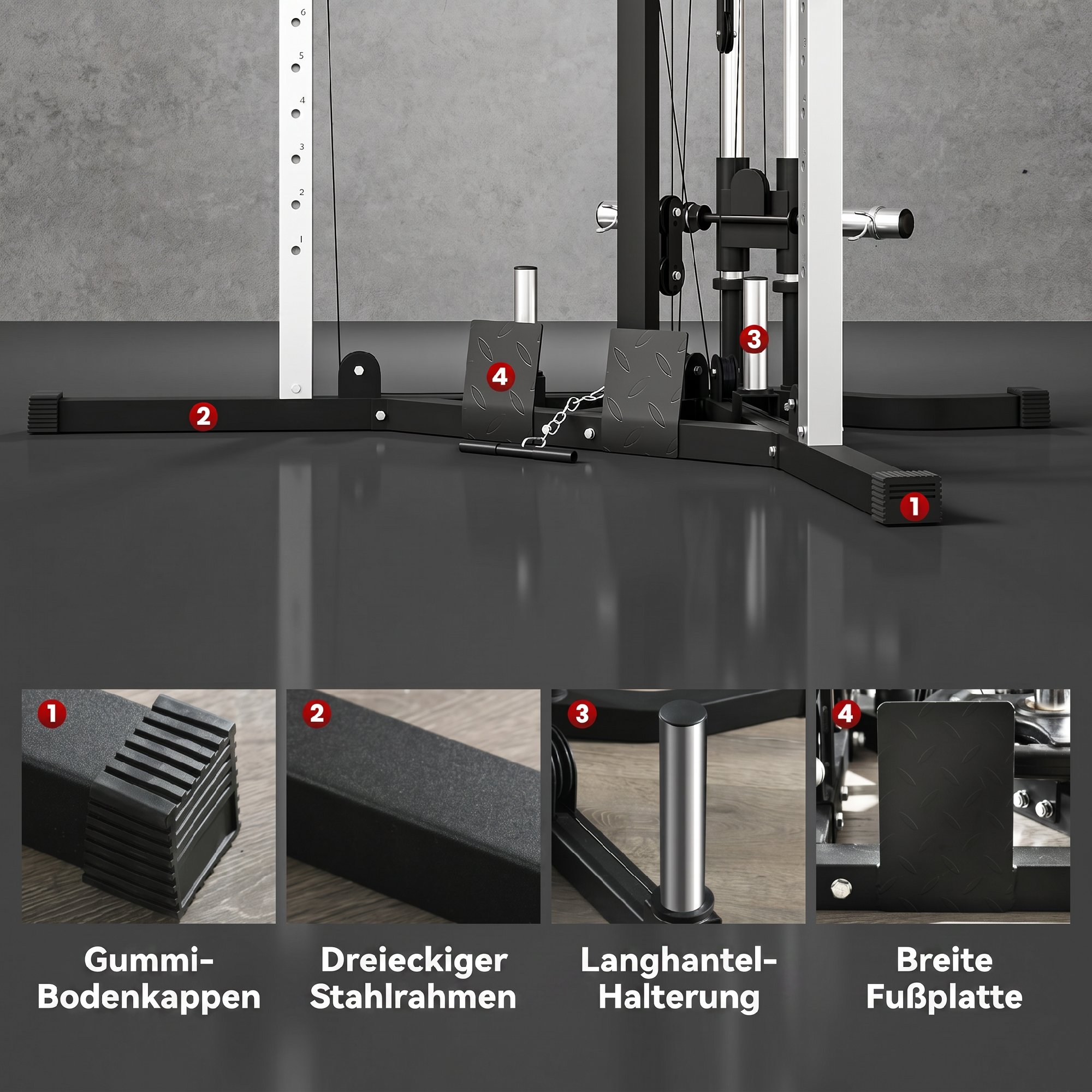 Kraftstation Fitnessstation mit Latzug, Klimmzugstange Curl-/Ruderstange Griffe, 15-fach verstellbar