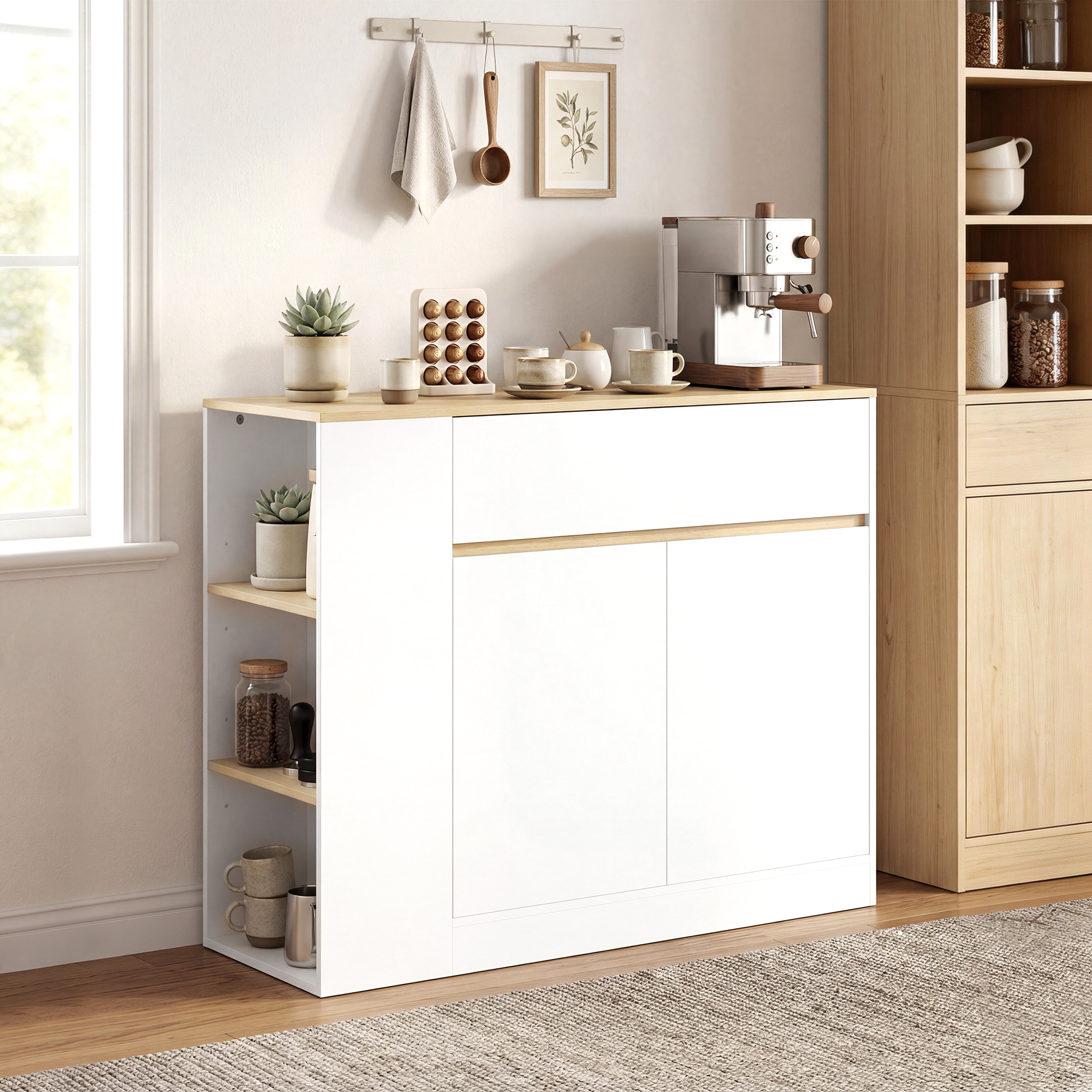 Sideboard, großes Schrankfach, 3 Ablagefächer, Schublade, 106 x 30 x 81,2cm, Weiß/Holz