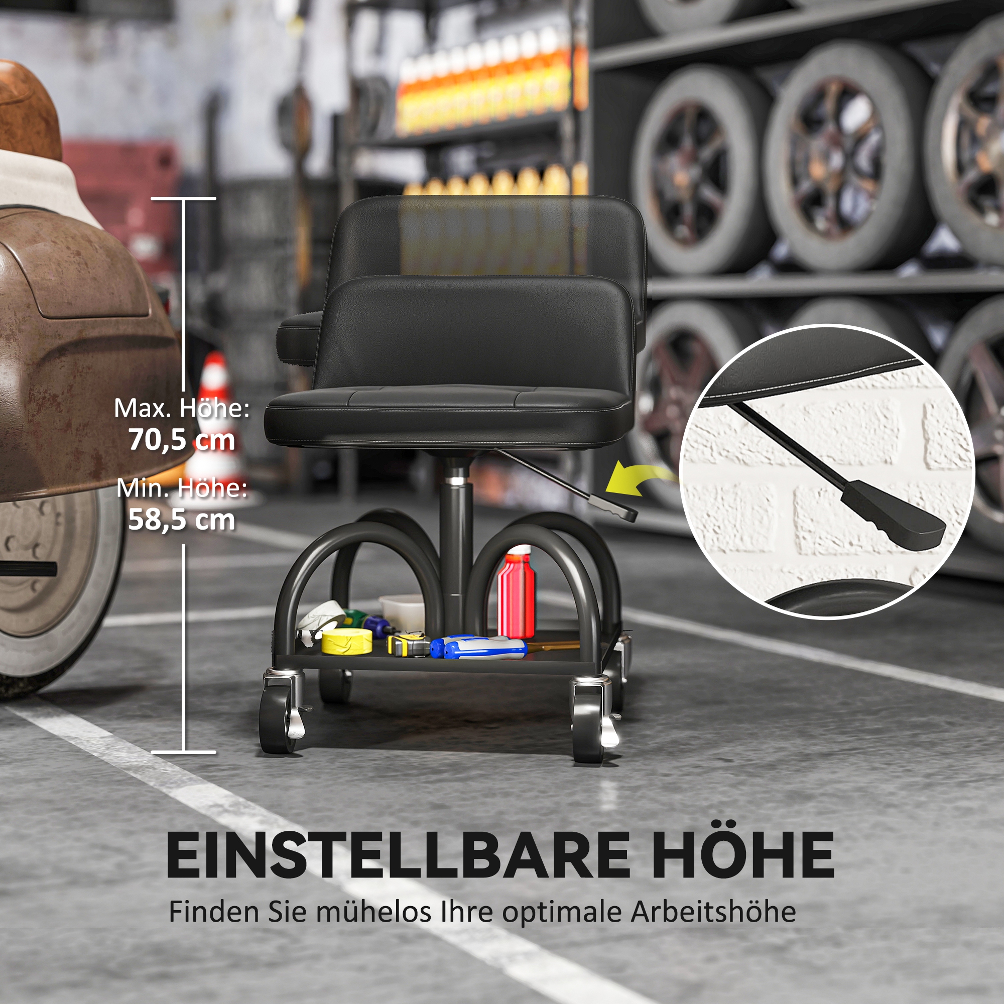 Werkstatthocker mit Rollen Ablagefläche, 58,5 cm hoch Rollhocker bis 135 kg belastbar Schwarz