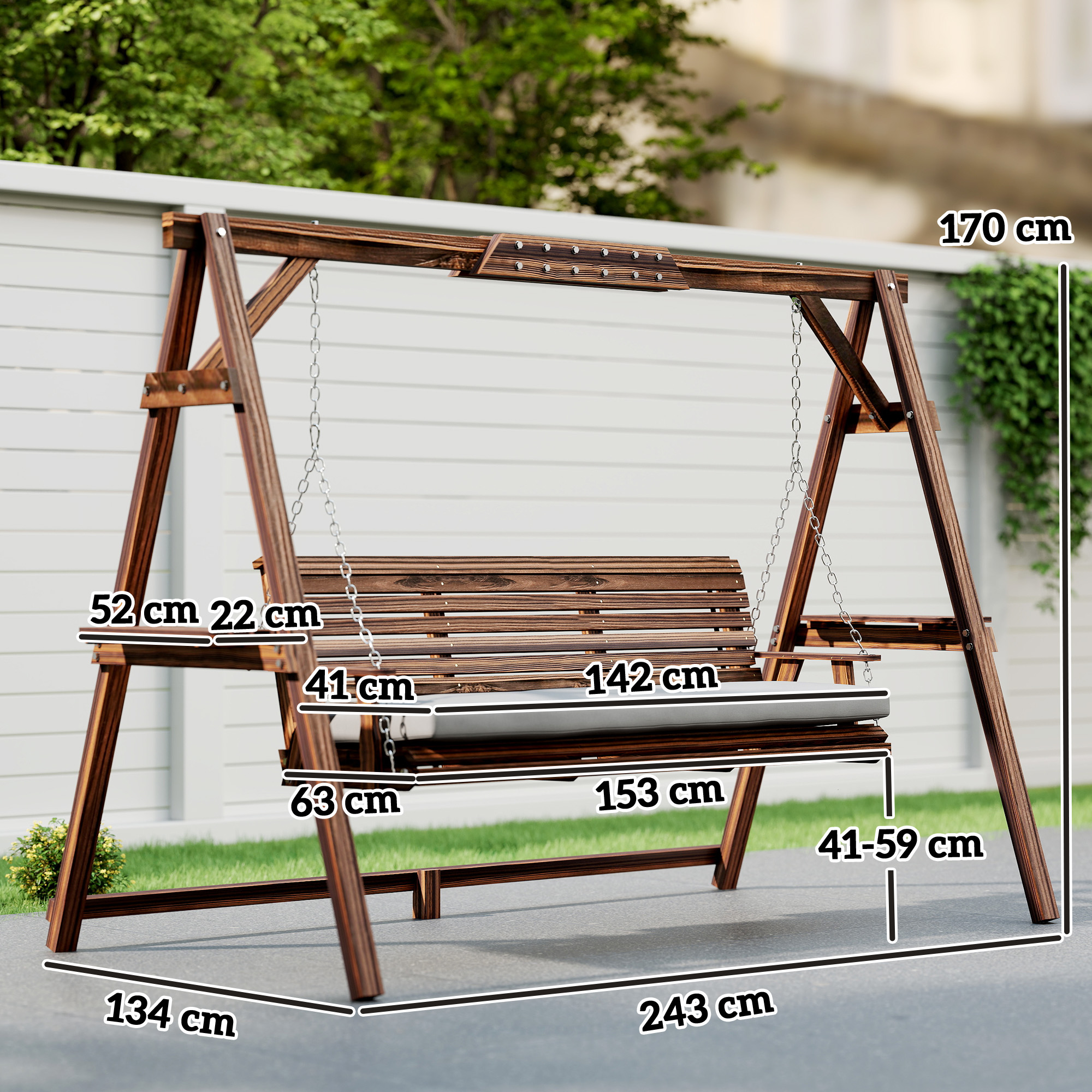 Hollywoodschaukel, 3-Sitzer Gartenschaukel aus Holz, Holzschaukel mit Sitzauflage Ablagen bis 330kg Verkohlt