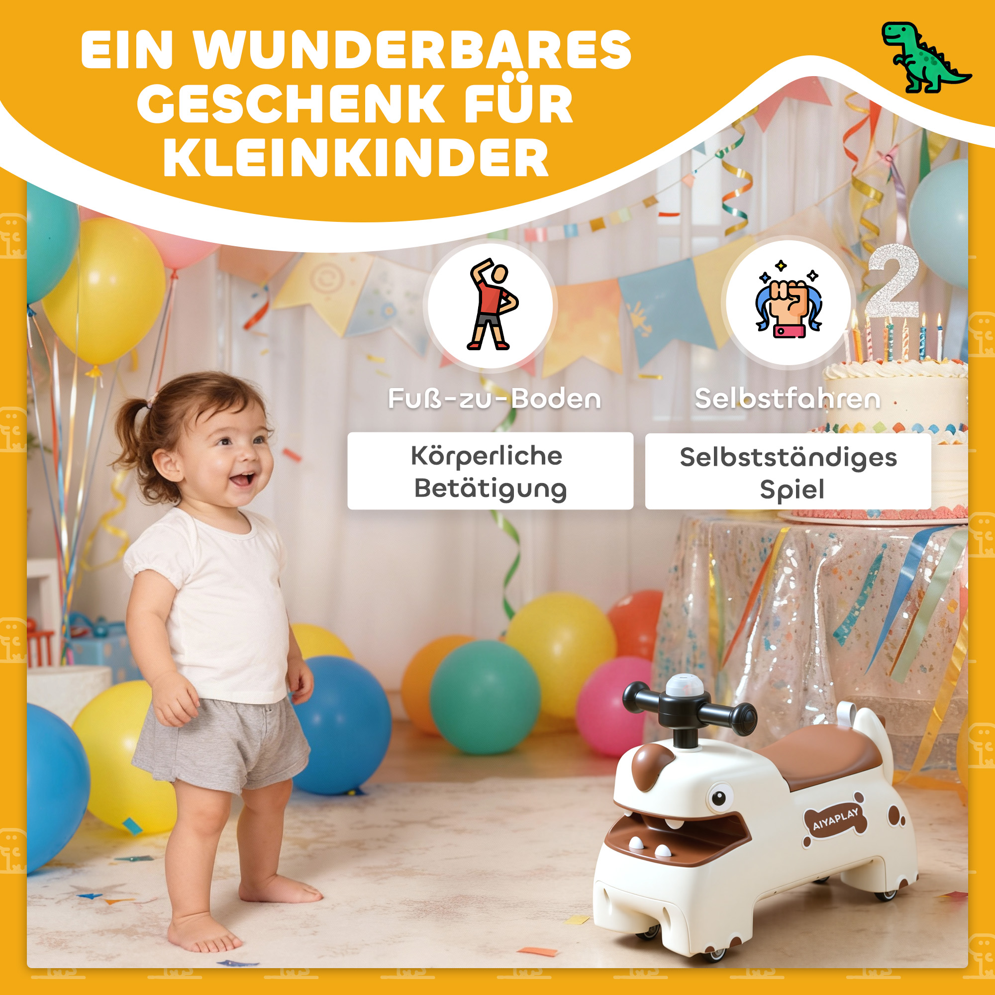 Rutschauto, Dino-Design, Lenkrad, Lichter, Geräusche, 4 Räder, Cremeweiß+Braun