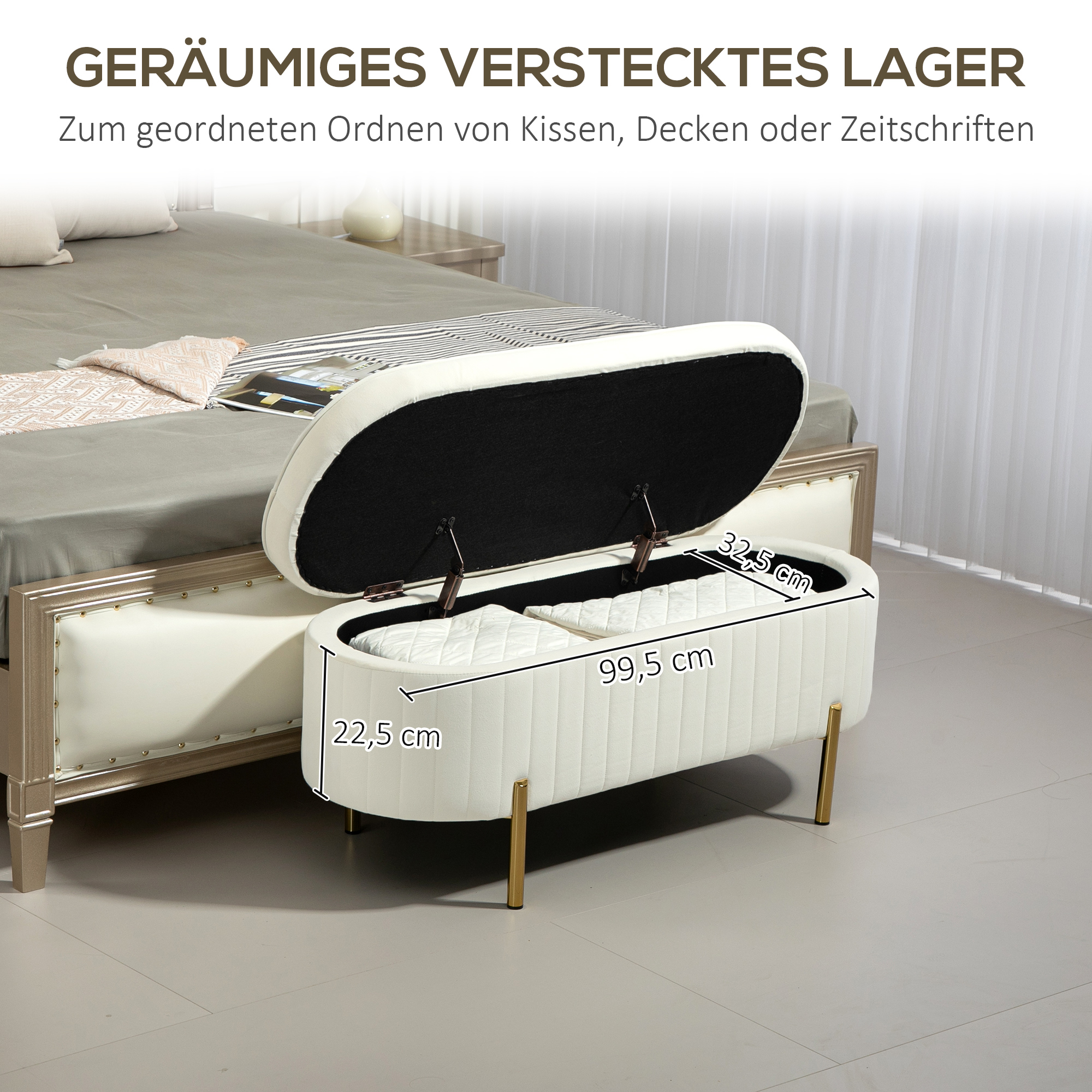 Sitzbank mit Klappdeckel und Stauraum, Stoffbezug, Metall, Cremeweiß+Golden