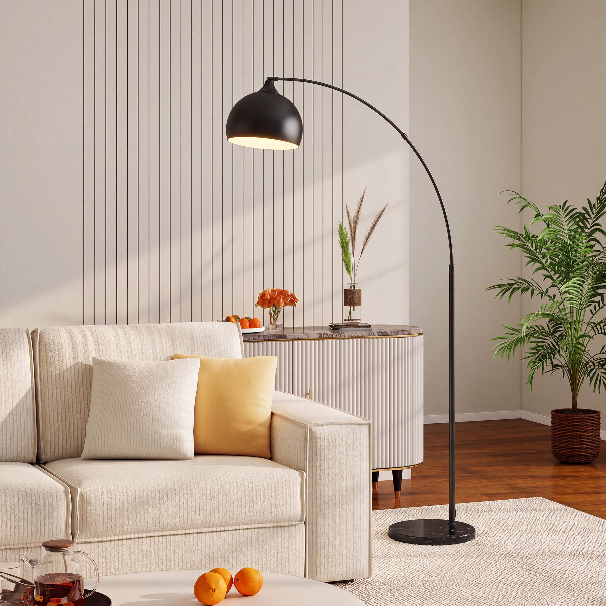 Bogenleuchte, Stehlampe, höhenverstellbar, Fußschalter, Sockel in Marmoroptik, 170-180cm, Schwarz
