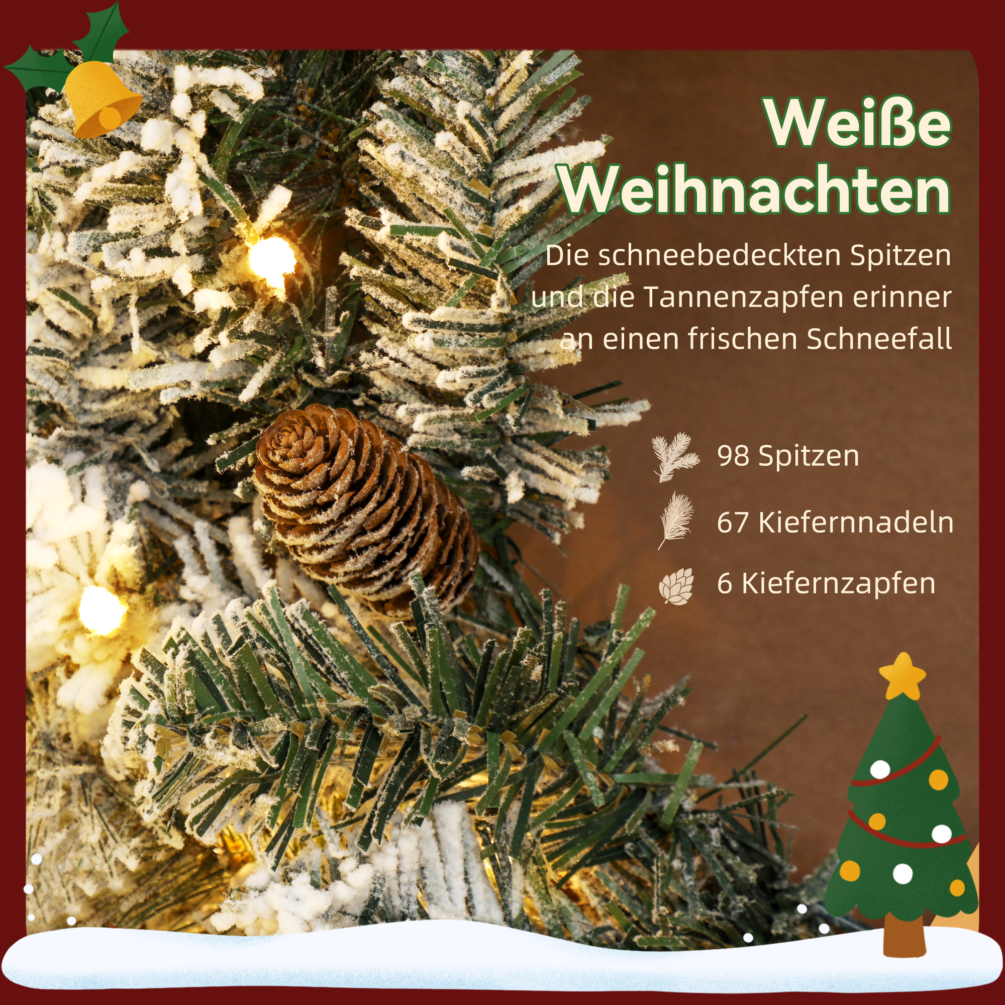 Tannenkranz Weihnachtskranz mit LED-Lichterkette, Tannenzapfen, Türkranz Grün+Weiß, Ø60 x 8 cm