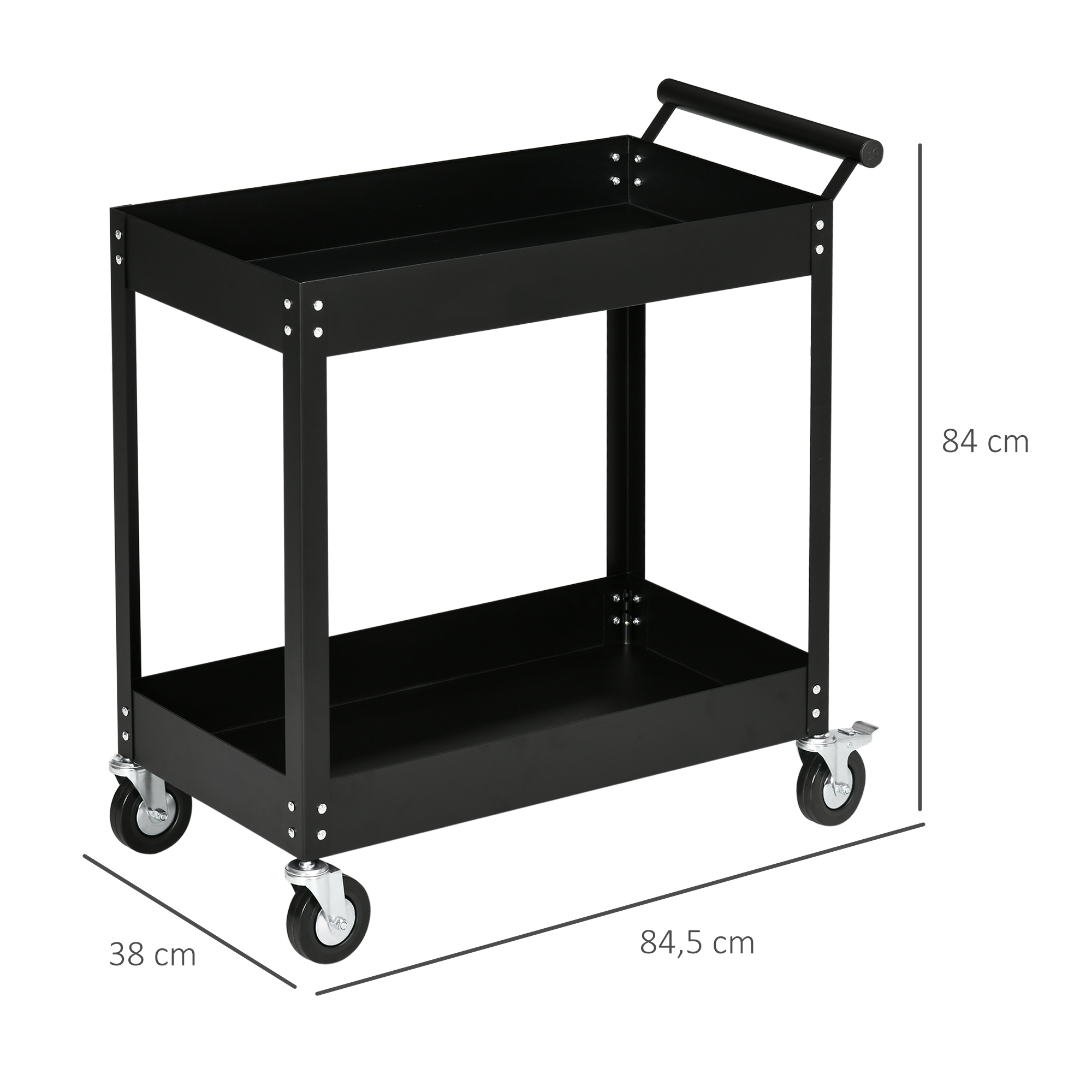 Werkstattwagen, 2 Etagen, Schubkarre, 4 Rollen, Stahl, bis 150 kg, 84,5 x 38 x 84 cm, Schwarz