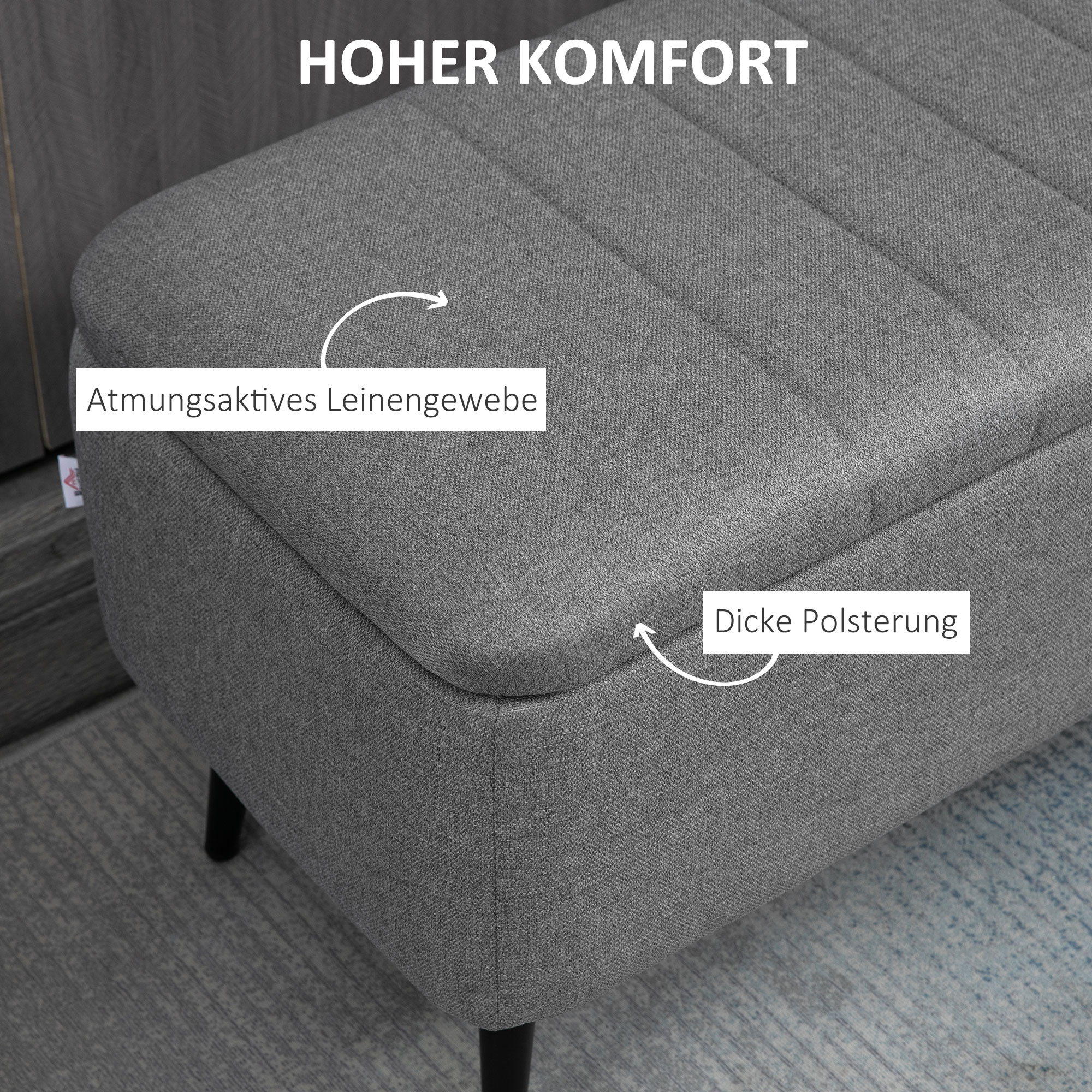 Sitzbank mit Stauraum Polsterbank mit Leinenoptik, Sitztruhe mit Stahlbeine 102 x 40 x 44 cm, Grau