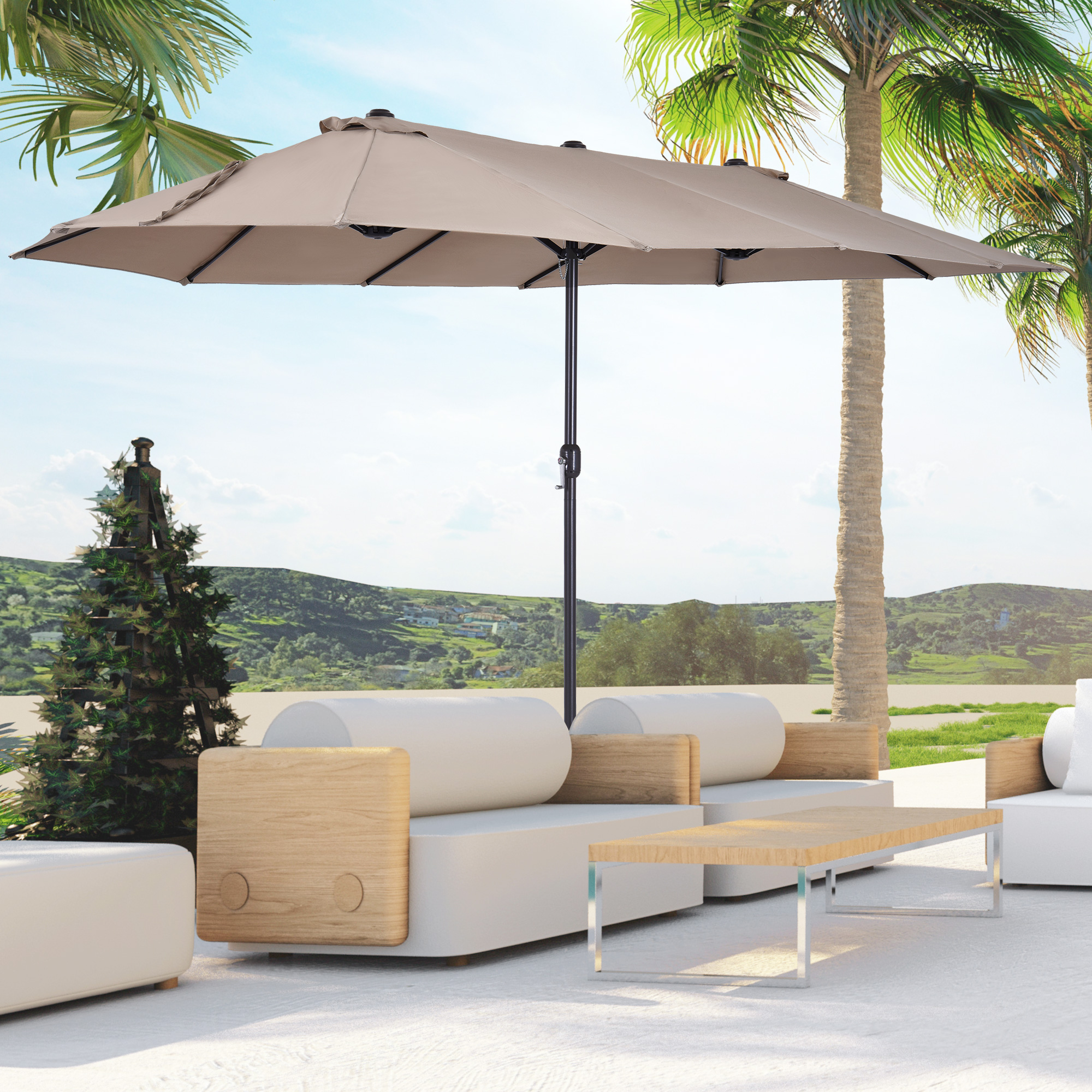 Doppelsonnenschirm 455 x 270 cm Gartenschirm mit Handkurbel oval stabil Metallstange Marktschirm Doppelsonnenschirm Terrassenschirm Sonnenschutz für Strand Balkon Terrasse Garten Hellkaffee