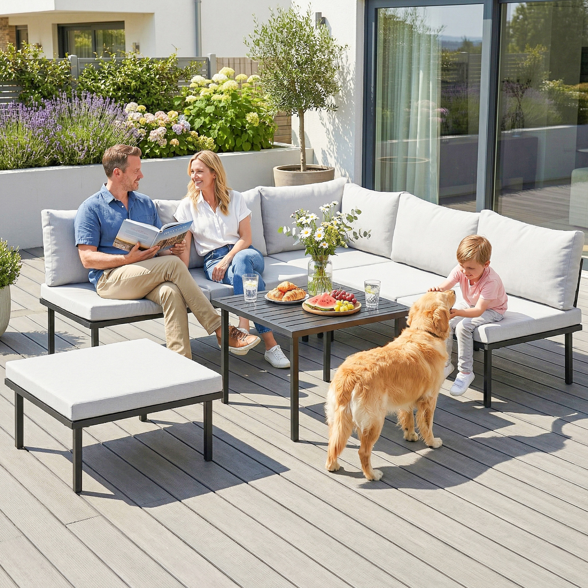 Lounge Gartenmöbel Set 5-6 Personen Gartenlounge Set mit 2 Sitzer Gartensofa 2 Stühle Eckstuhl Lamell-Tisch Fußhocker