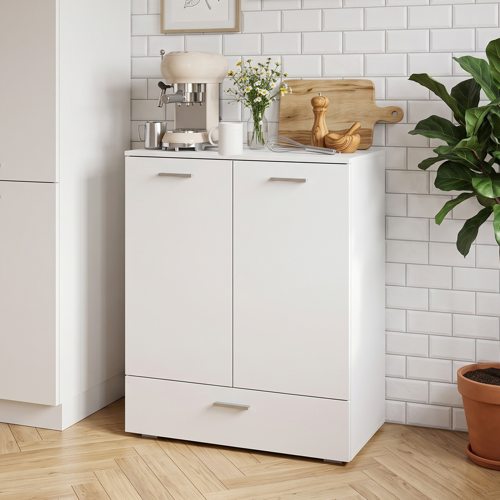 Modernes Sideboard, freistehender Aufbewahrungsschrank mit Schublade und verstellbarem Einlegeboden, Weiß