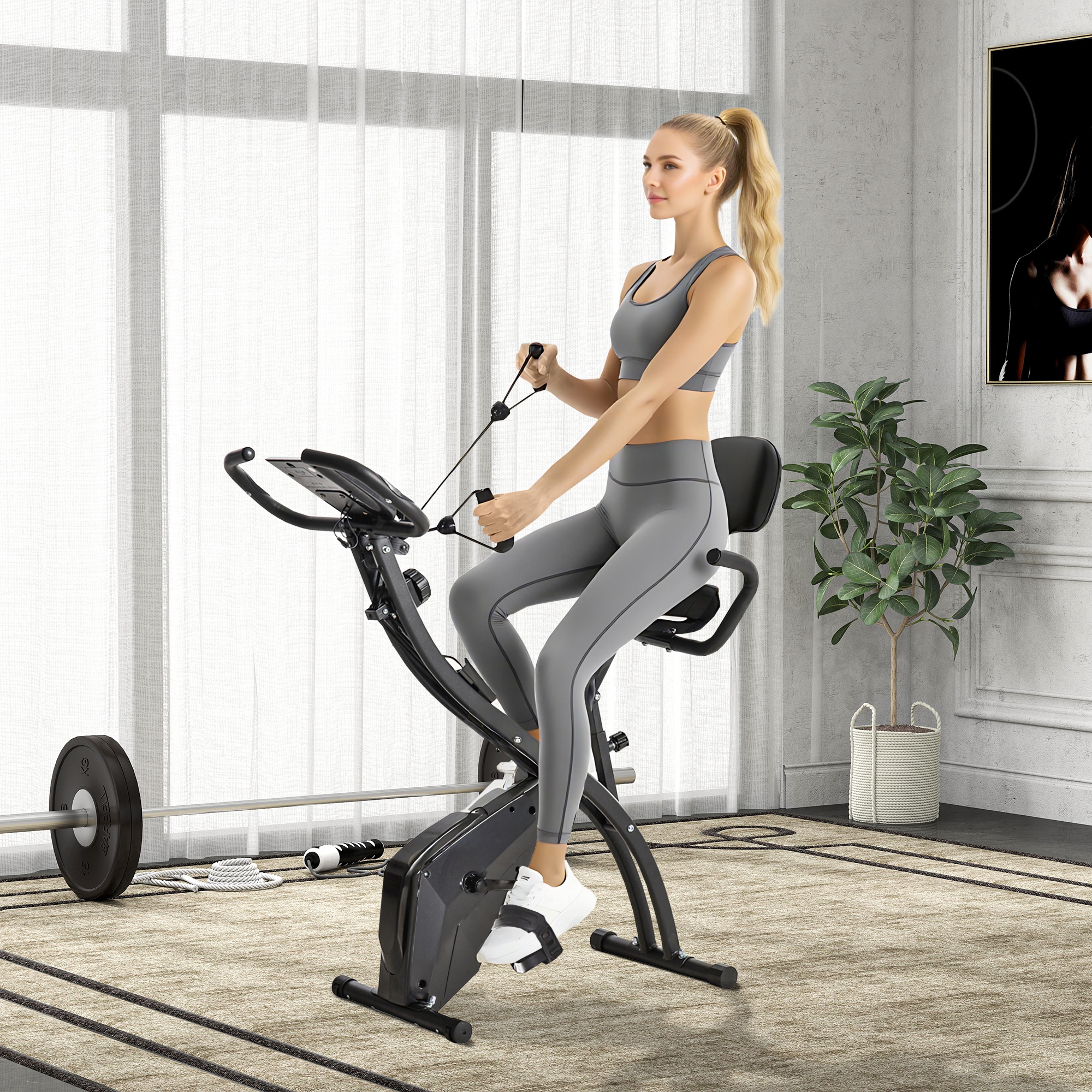 Heimtrainer X-Bike 2-in-1 Fahrradtrainer mit LCD-Display,Pulsmesser, klappbarer Hometrainer Trimmrad mit 8 stufig Magnetwiderstand, 1 Paar Spannseil, Stahl Schwarz 105x48x118 cm