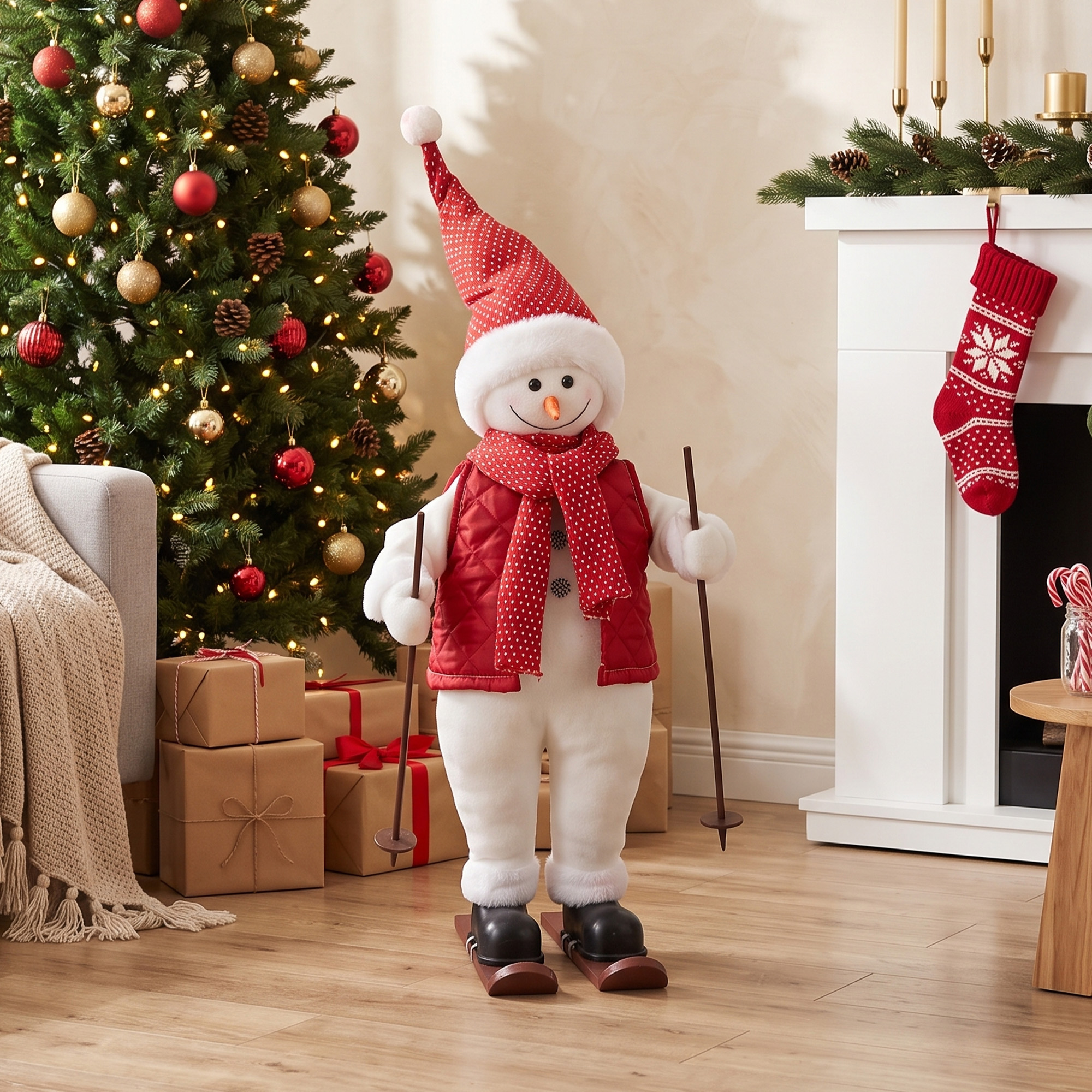 Singender Skifahrer-Weihnachtsmann, 65 cm, animierte Weihnachtsfigur mit Skiern, Stöcken und Sound-/Berührungsaktivierung