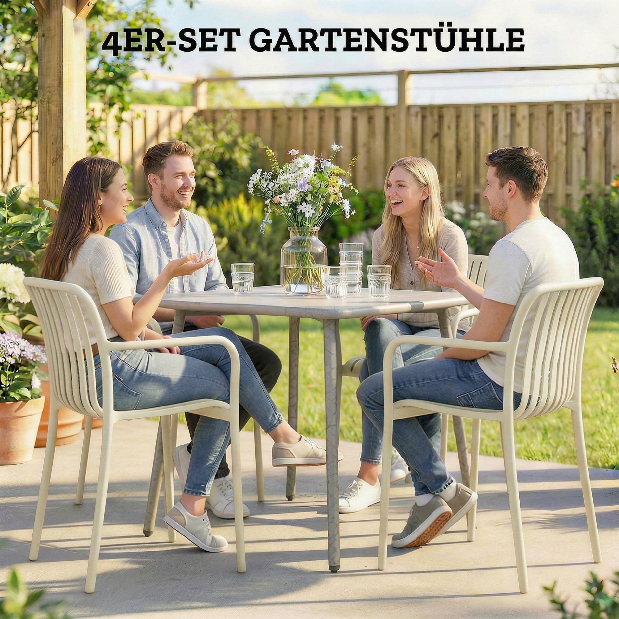 Gartenstühle 4er Set Stapelbare Terrassenstühle mit Lamelldesign Armlehnen, Ergonomisch Cremeweiß