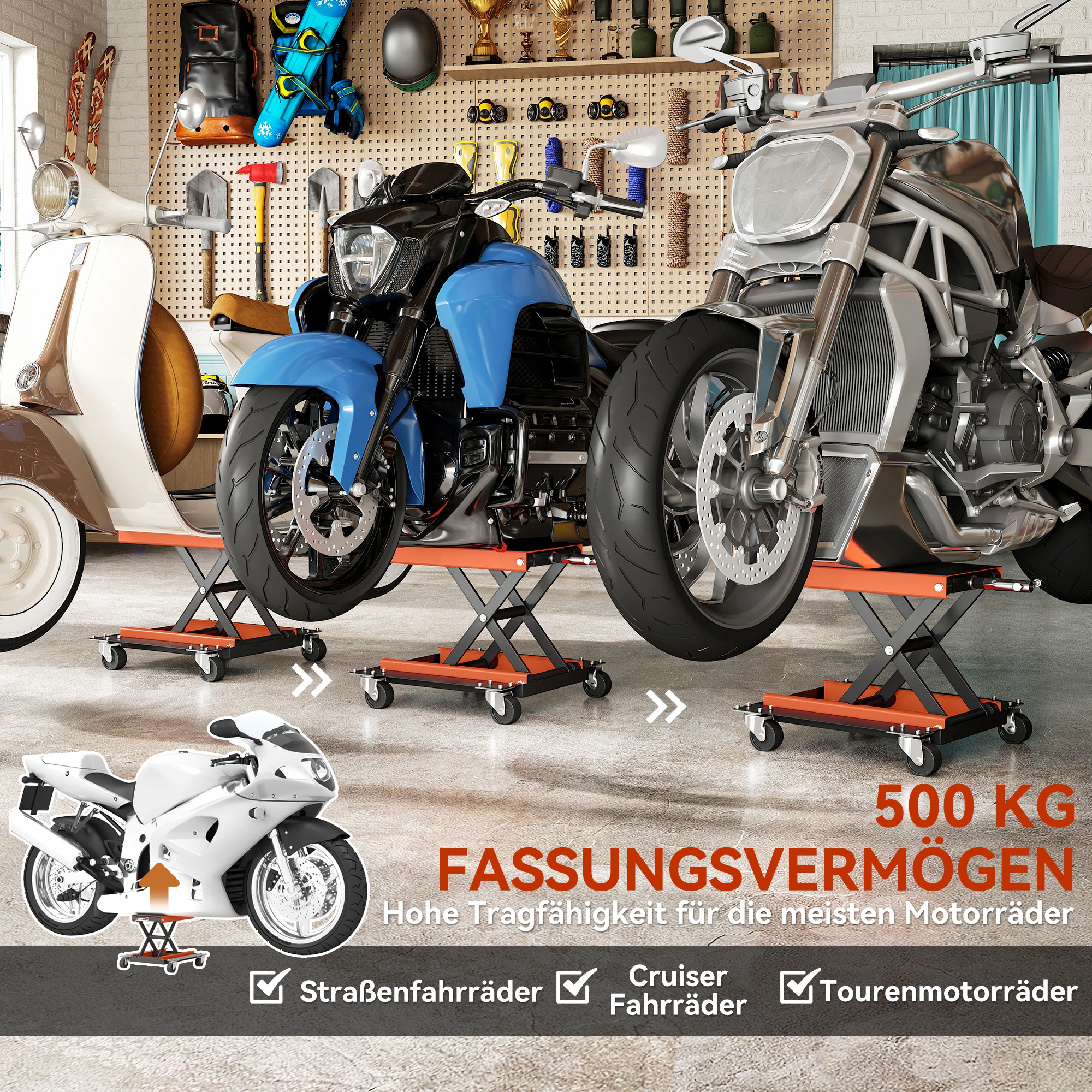 Motorradheber 500 kg Belastbar Motorradhebebühne 135-390 mm Höhenverstellbar Stahl Orange