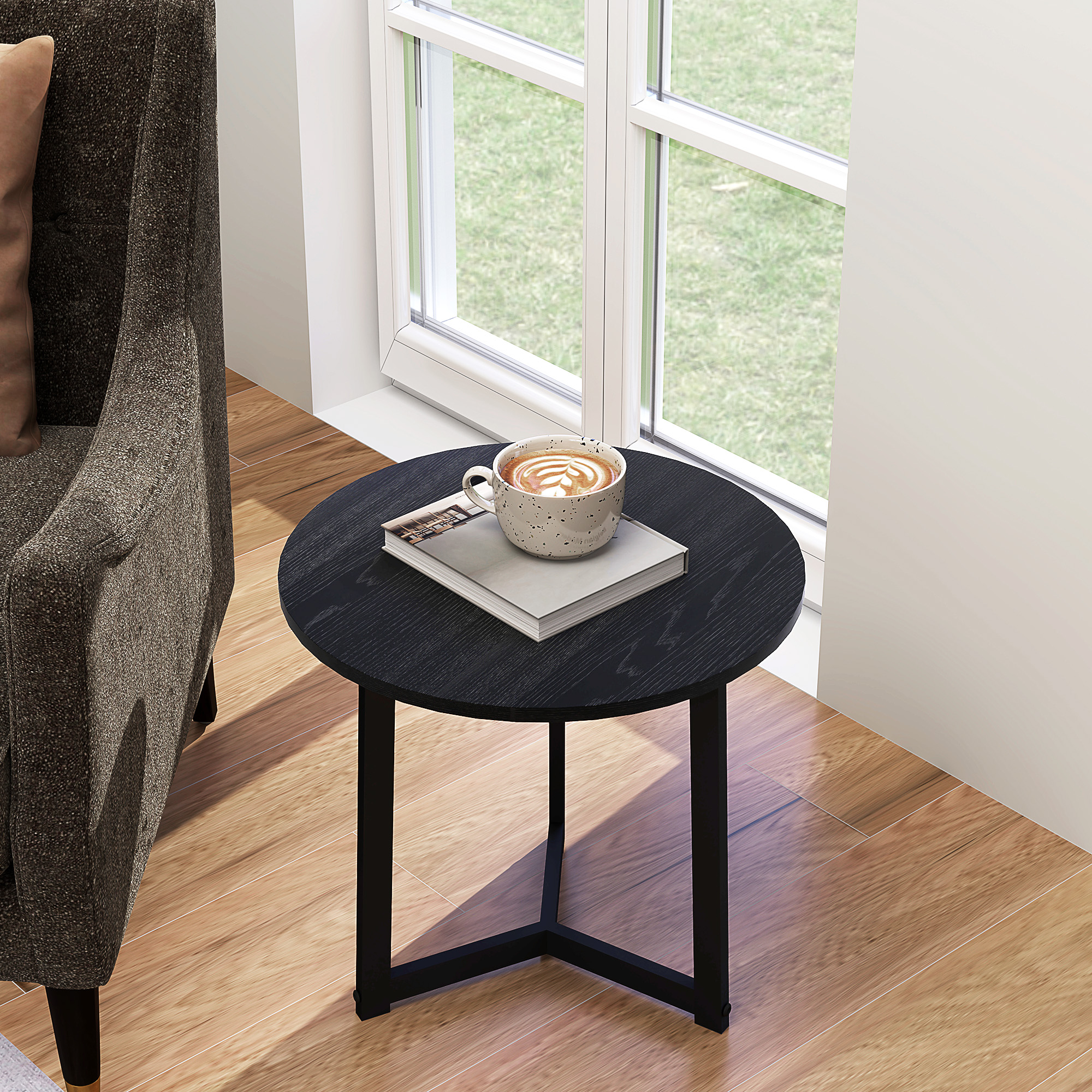 Moderner Couchtisch als 2er-Set, Metallrahmen, MDF, Rundes Design, ineinander verschiebbar, Schwarz